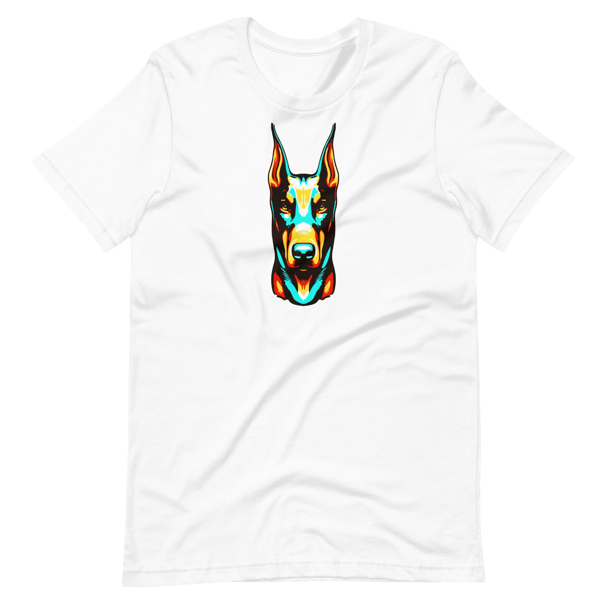 Vibrant colorful doberman dog pop art portrait printed on a white unisex t-shirt front view