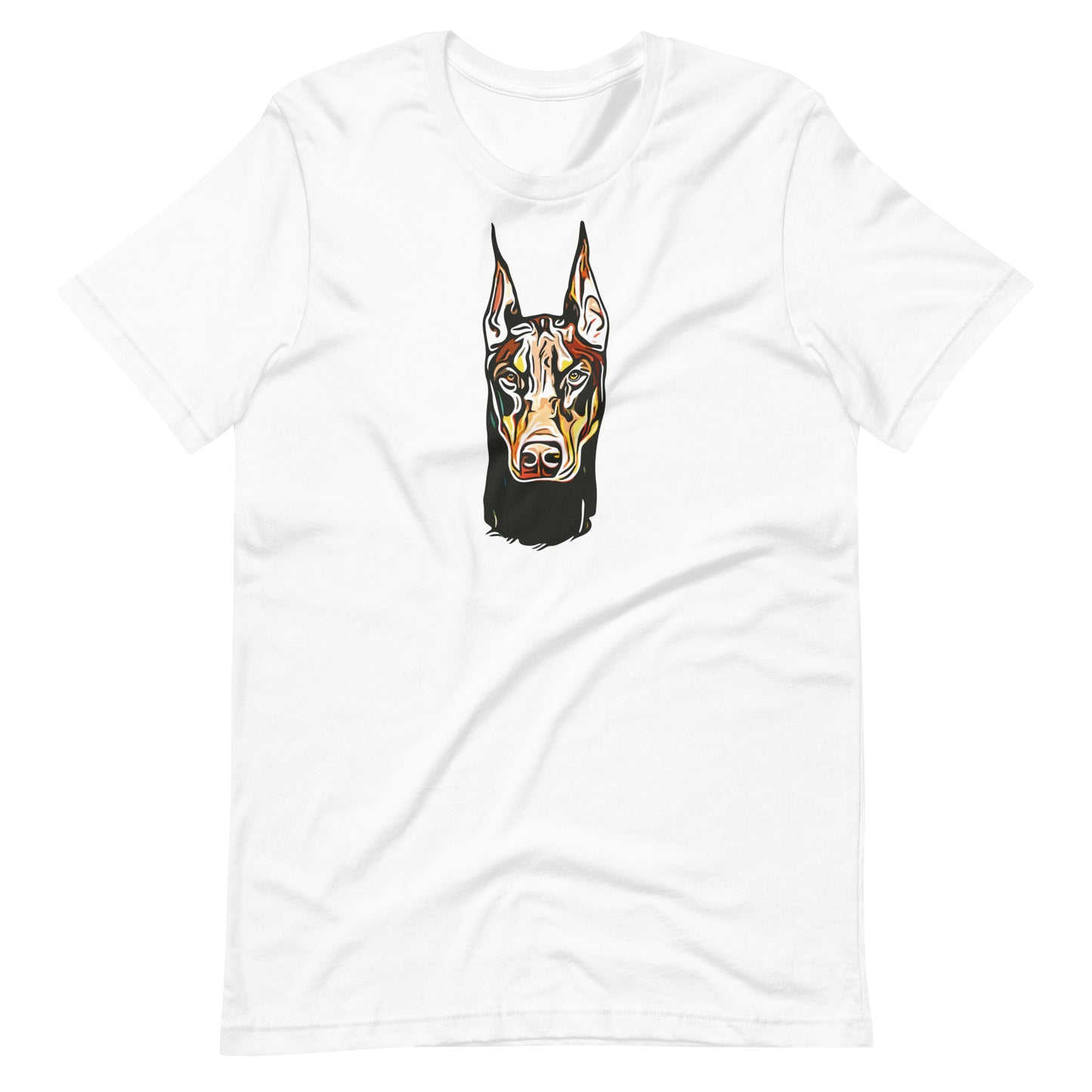 Vibrant colorful abstract doberman dog pop art portrait printed on a white unisex t-shirt front view