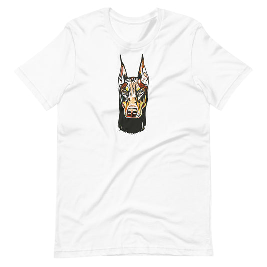 Vibrant colorful abstract doberman dog pop art portrait printed on a white unisex t-shirt front view
