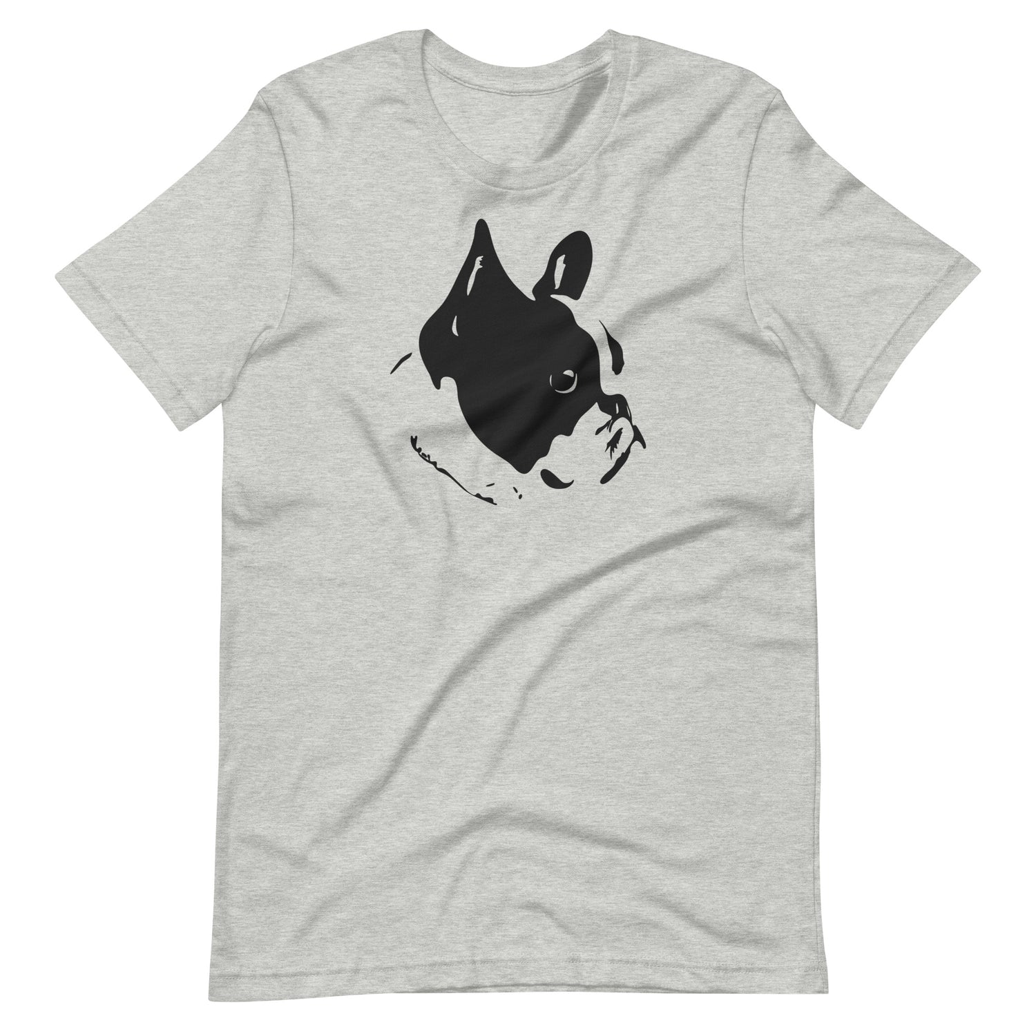 Black high contrast French Bulldog silhouette portrait art printed on an athletic heather gray unisex t-shirt front view