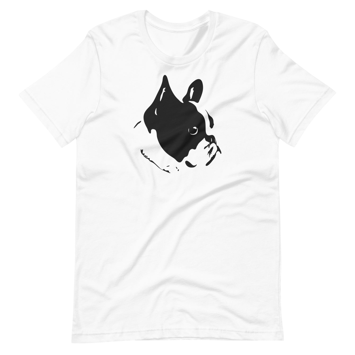 Black high contrast French Bulldog silhouette portrait art printed on a white unisex t-shirt front view