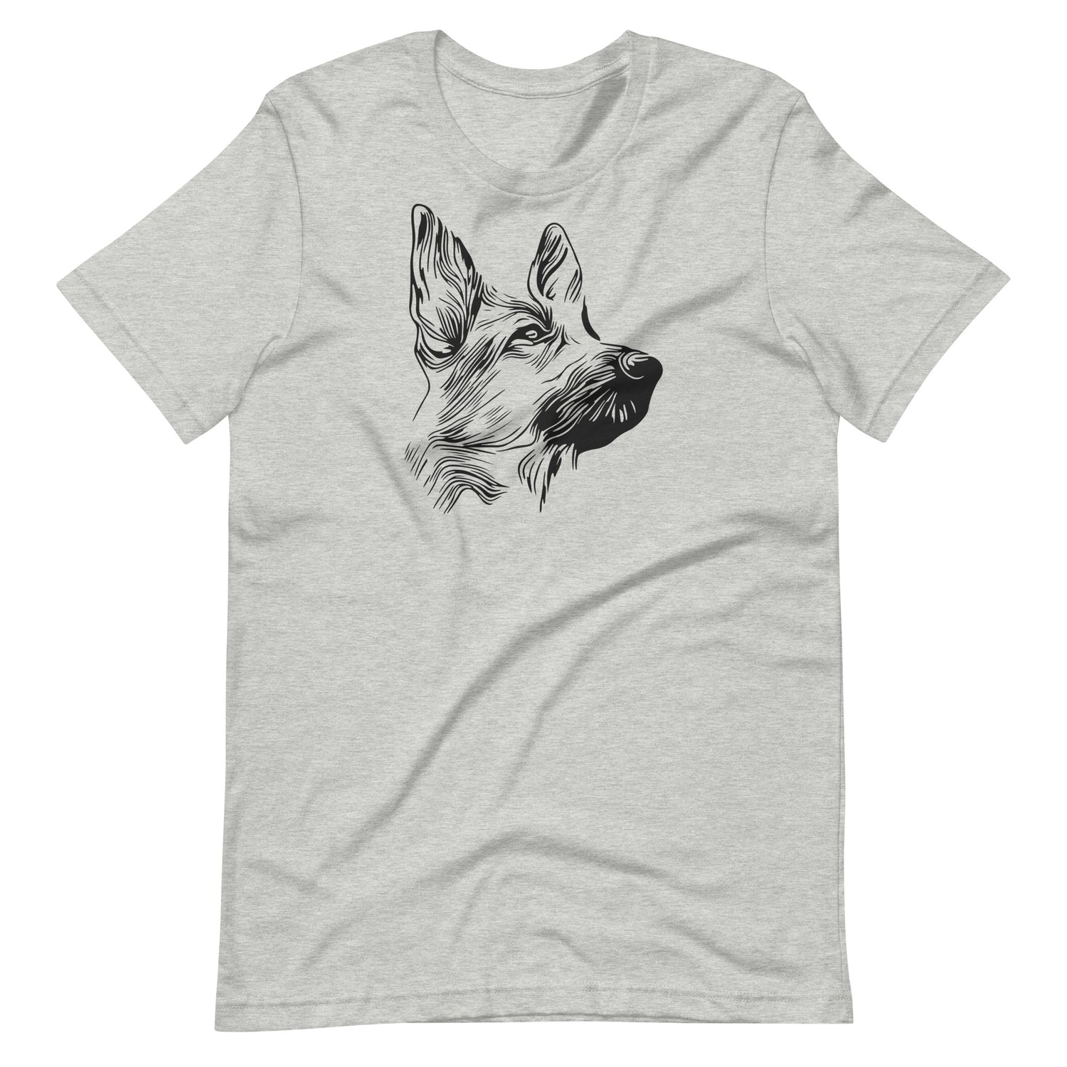 Detailed ink linework German Shepherd dog portrait printed on an athletic heather gray unisex t-shirt front view
