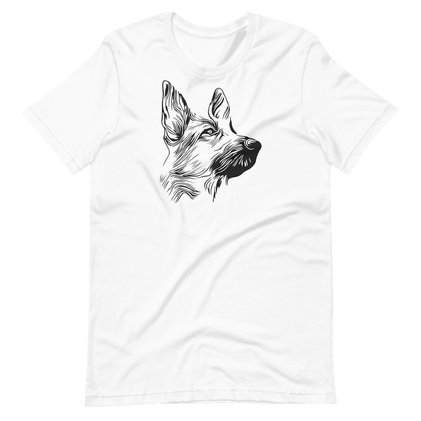 Detailed ink linework German Shepherd dog portrait printed on a white unisex t-shirt front view