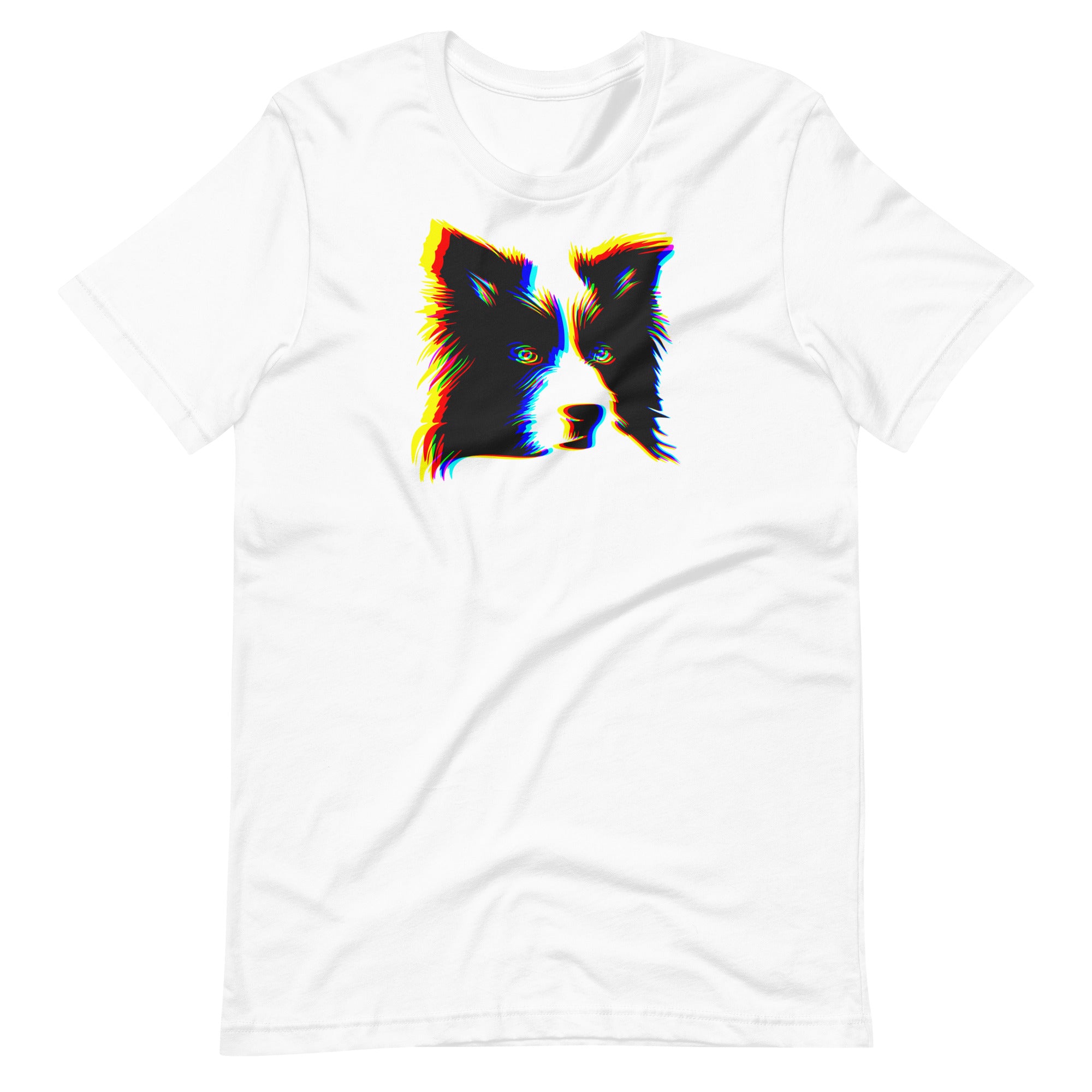 Border Collie dog portrait with colorful glitch chromatic aberration effect printed on a white unisex t-shirt front view