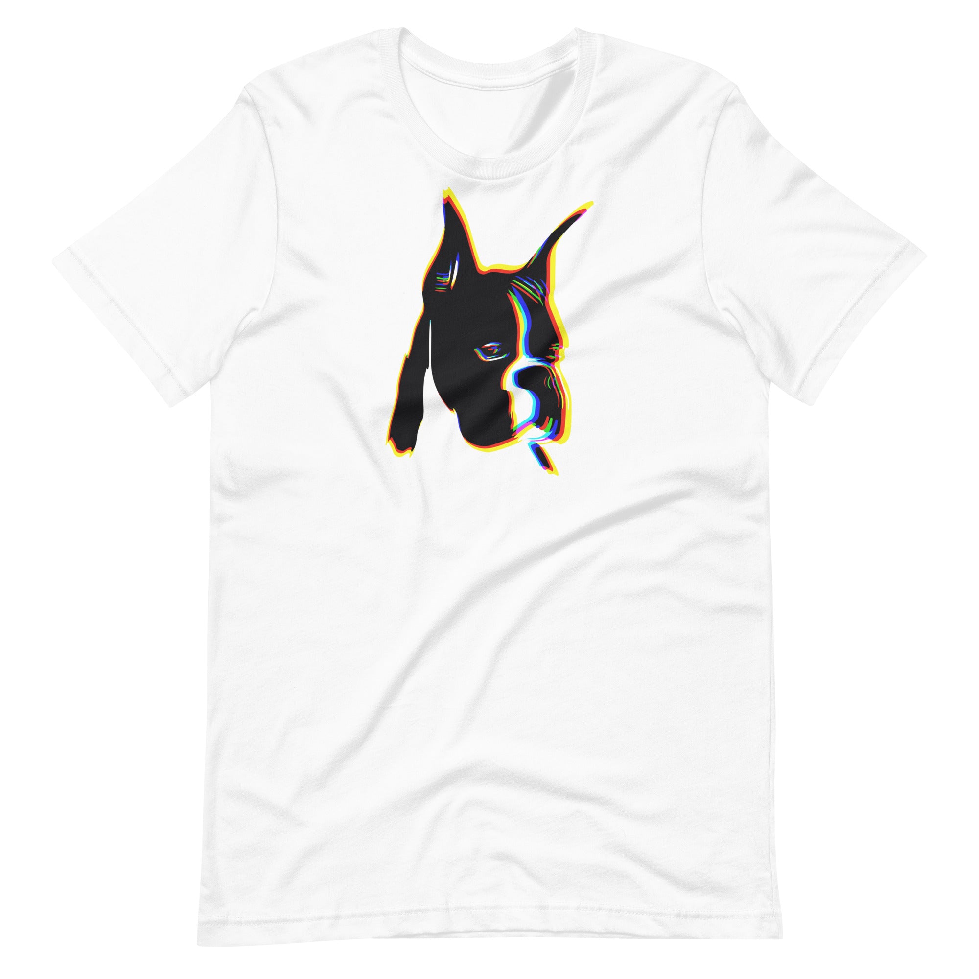 Boxer dog portrait with colorful glitch chromatic aberration effect printed on a white unisex t-shirt front view