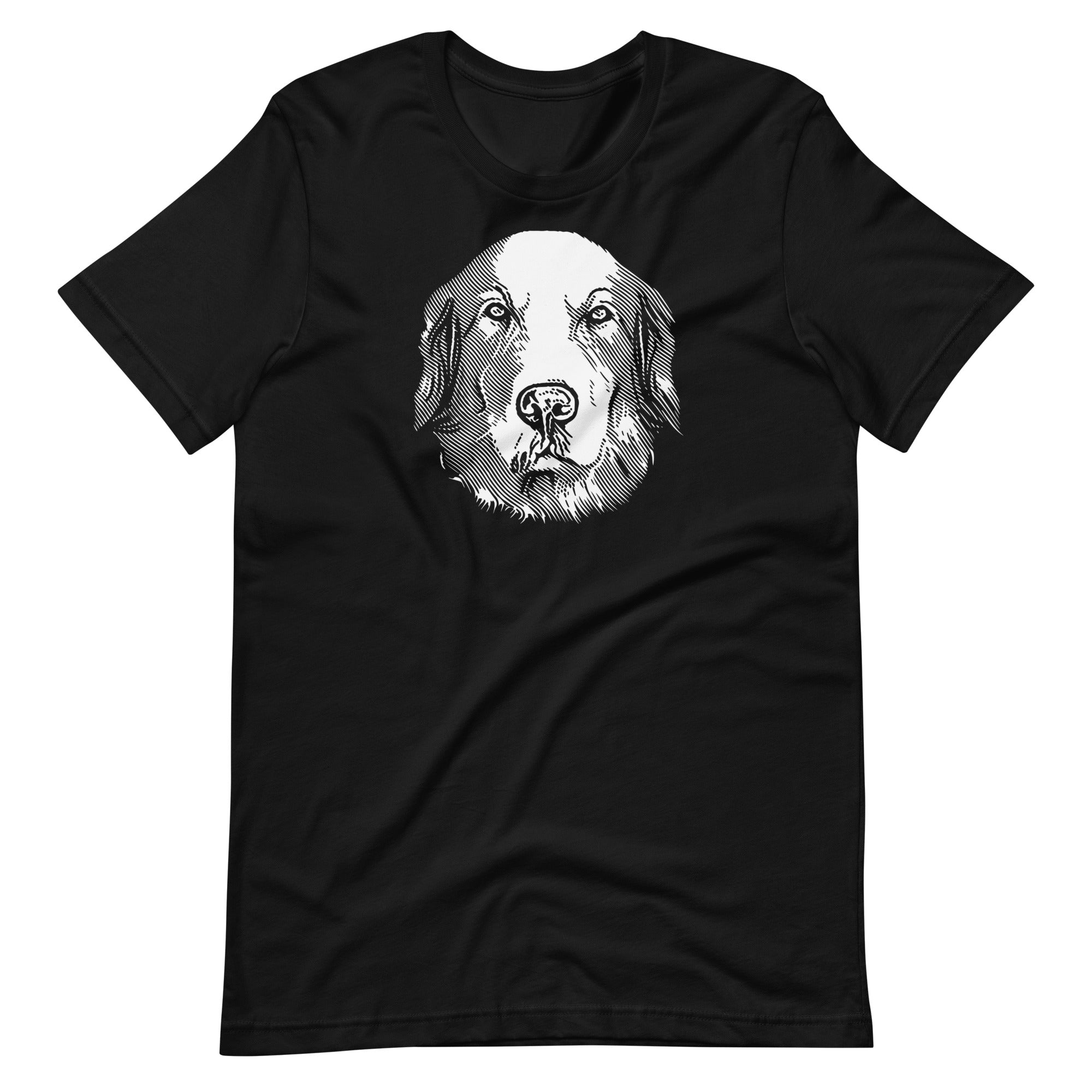 White ink etching engraving linework golden retriever dog portrait printed on a black unisex t-shirt front view