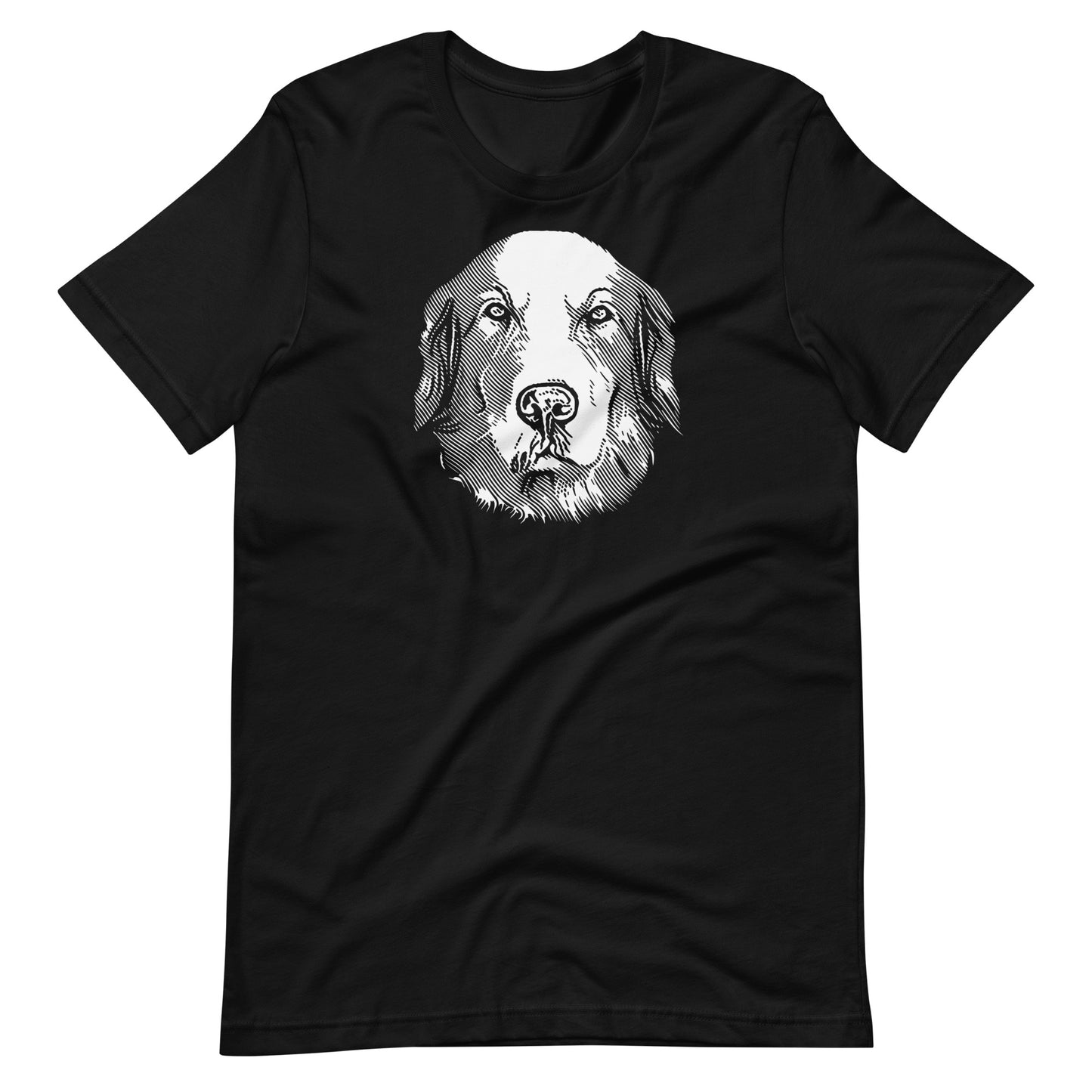 White ink etching engraving linework golden retriever dog portrait printed on a black unisex t-shirt front view