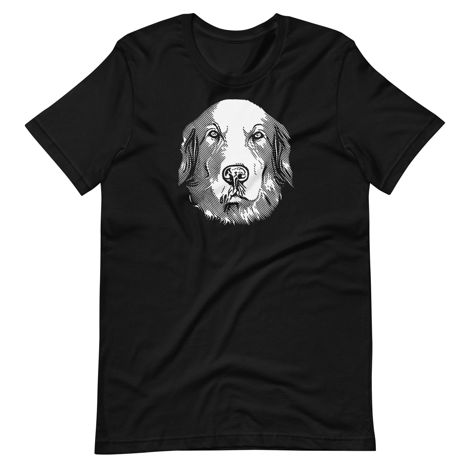 White ink etching engraving linework golden retriever dog portrait printed on a black unisex t-shirt front view
