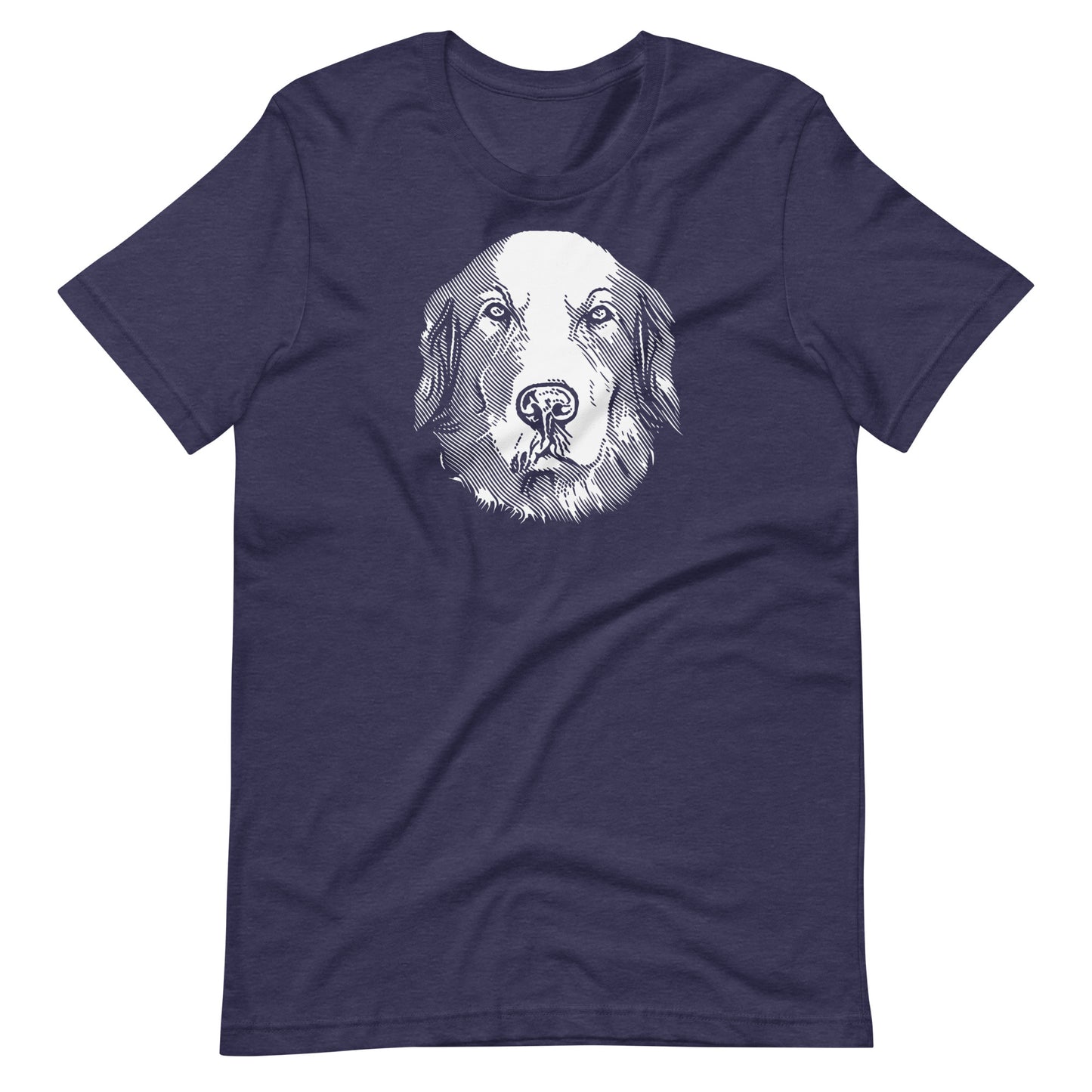 White ink etching engraving linework golden retriever dog portrait printed on a midnight blue unisex t-shirt front view