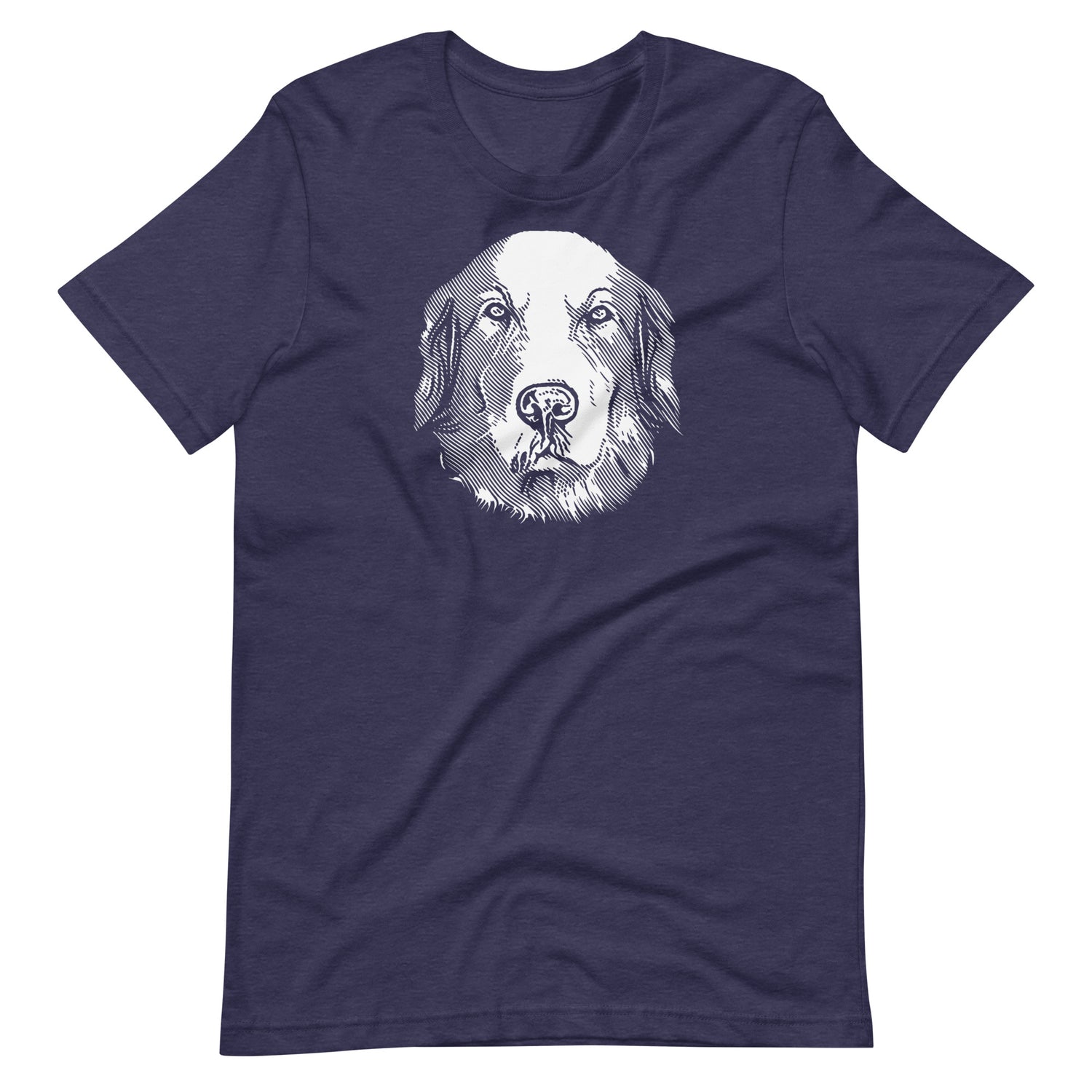 White ink etching engraving linework golden retriever dog portrait printed on a midnight blue unisex t-shirt front view