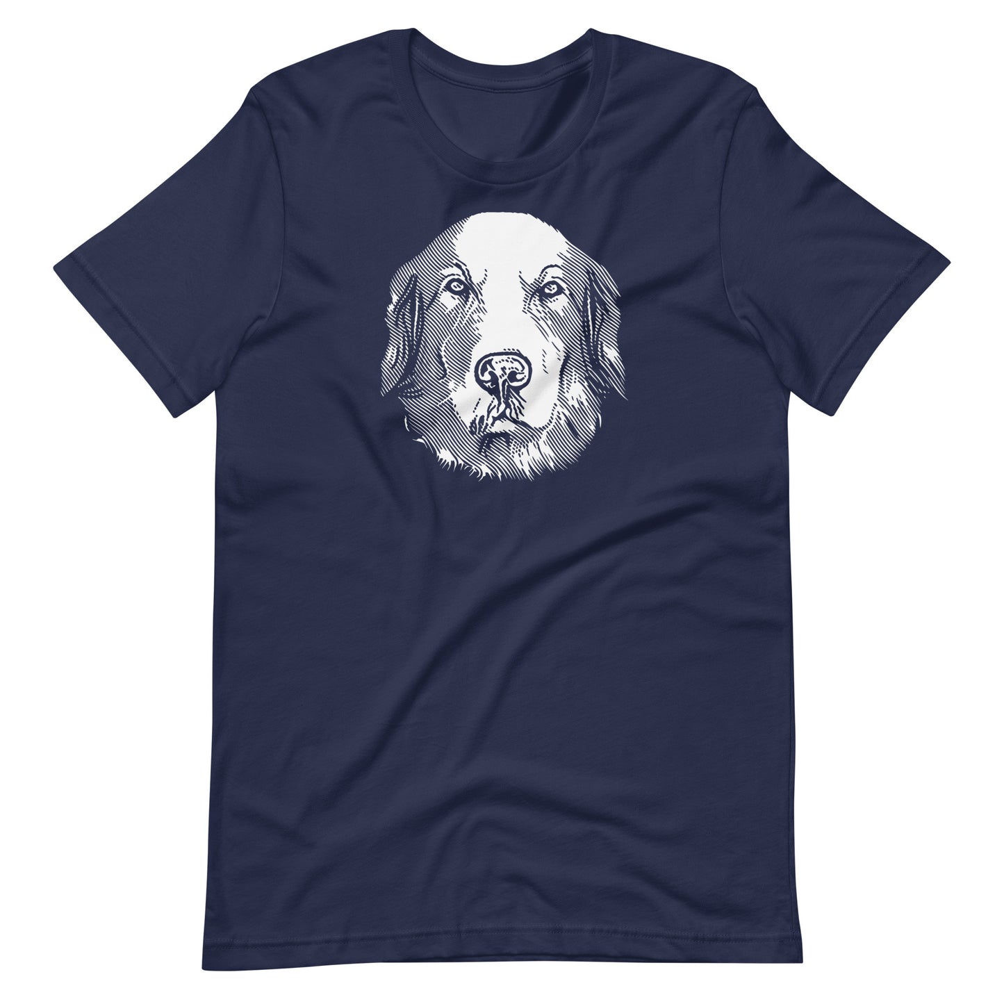 White ink etching engraving linework golden retriever dog portrait printed on a navy blue unisex t-shirt front view