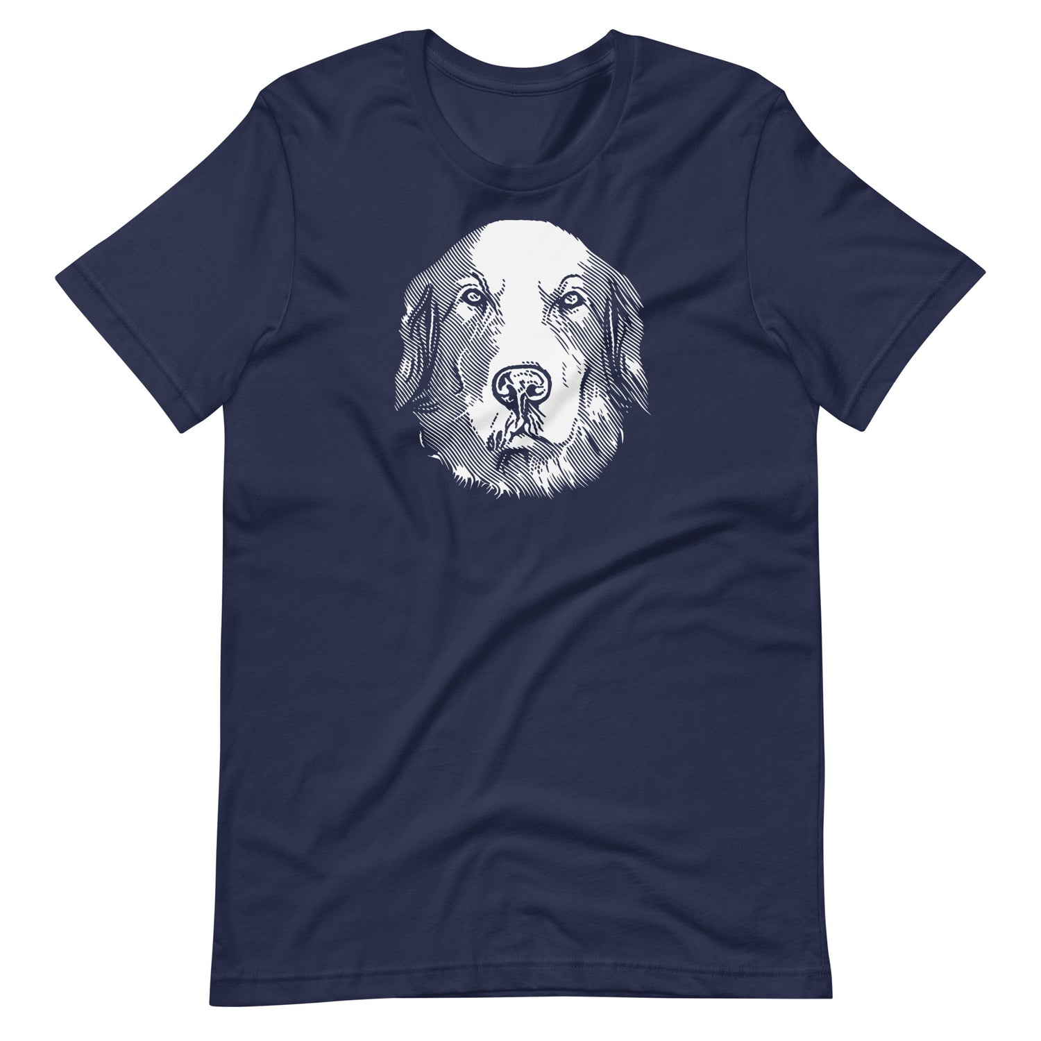 White ink etching engraving linework golden retriever dog portrait printed on a navy blue unisex t-shirt front view