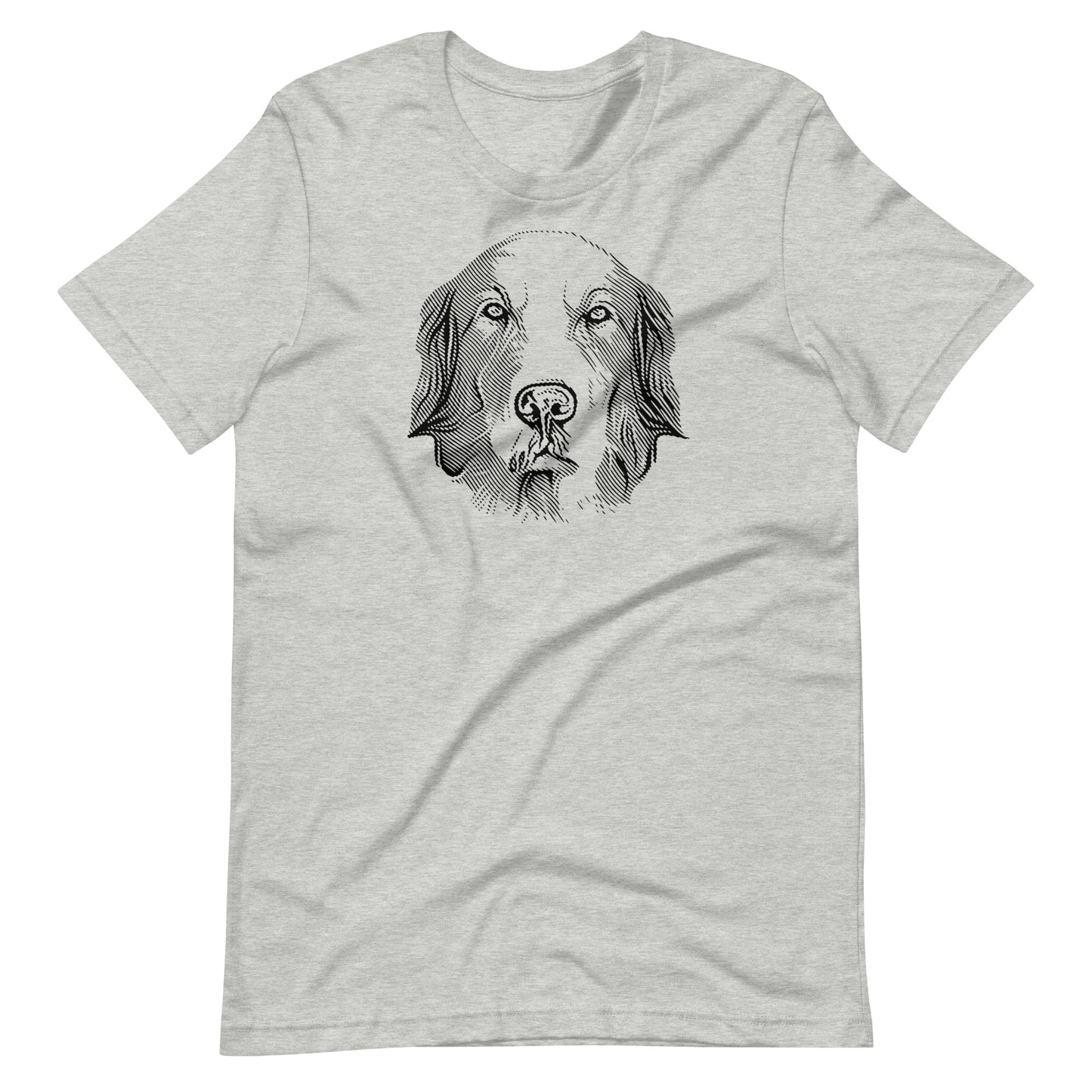 Detailed black ink engraving linework golden retriever dog portrait printed on an athletic heather gray unisex t-shirt front view