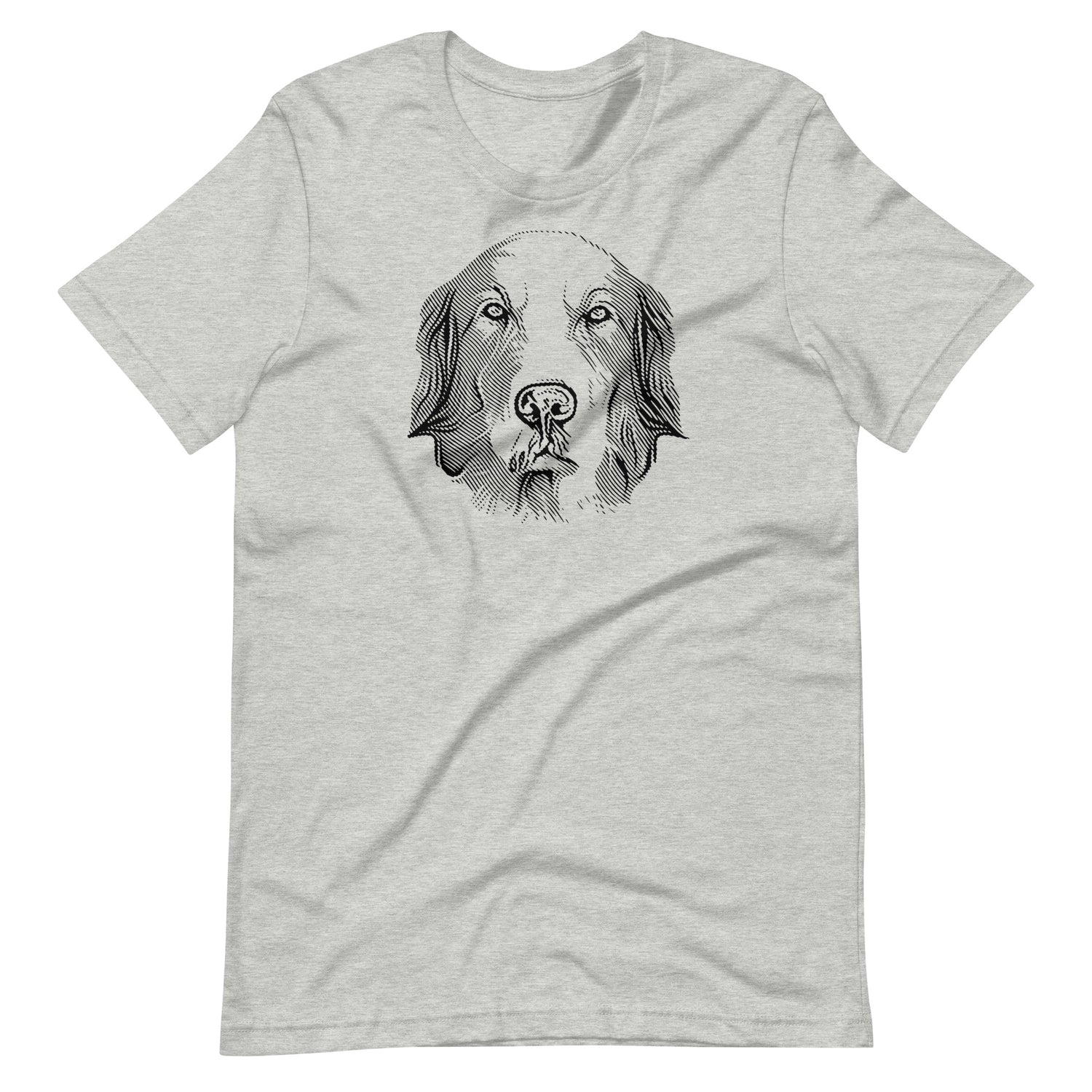 Detailed black ink engraving linework golden retriever dog portrait printed on an athletic heather gray unisex t-shirt front view