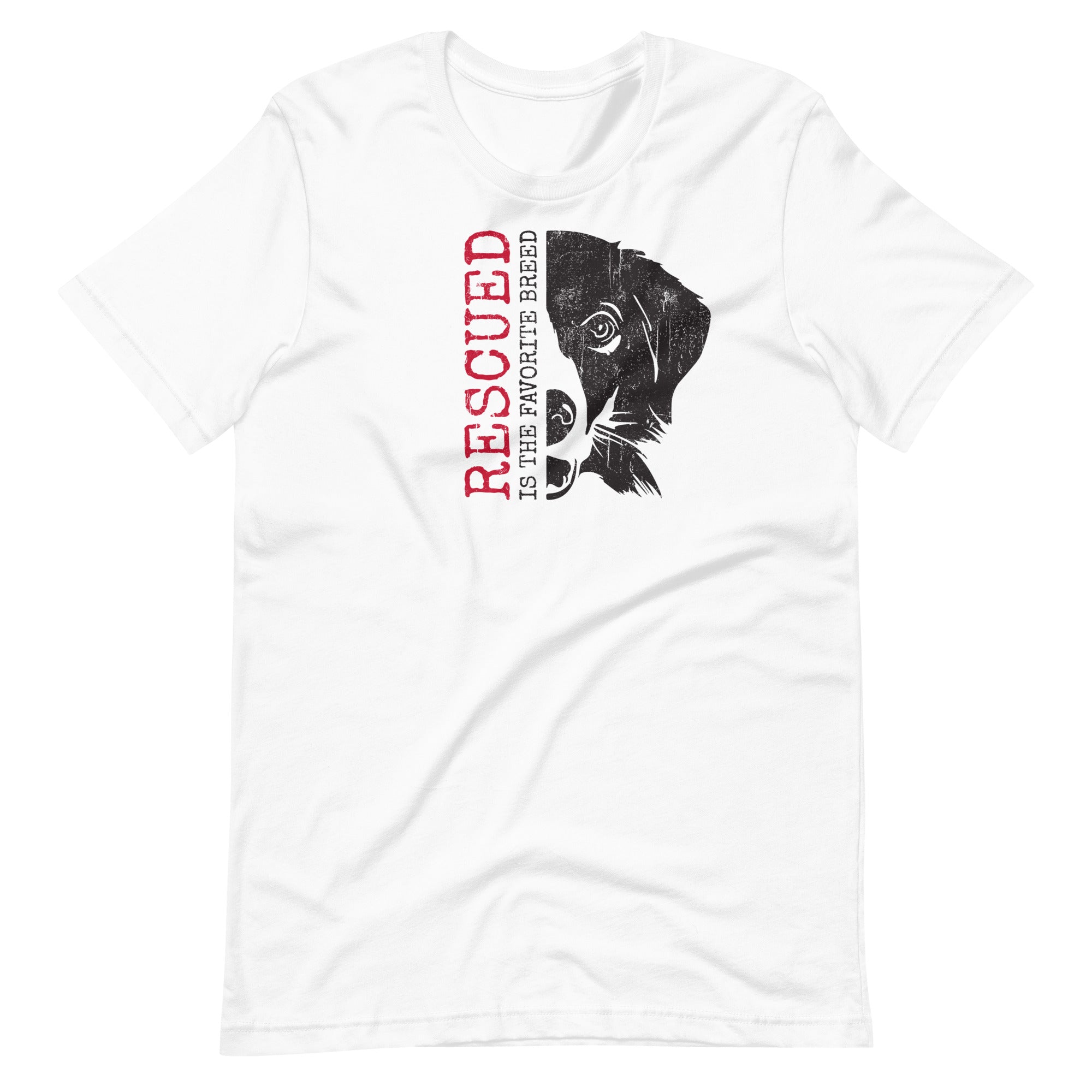 Rescued Is The Favorite Breed text with dog face art printed on a white unisex t-shirt front view
