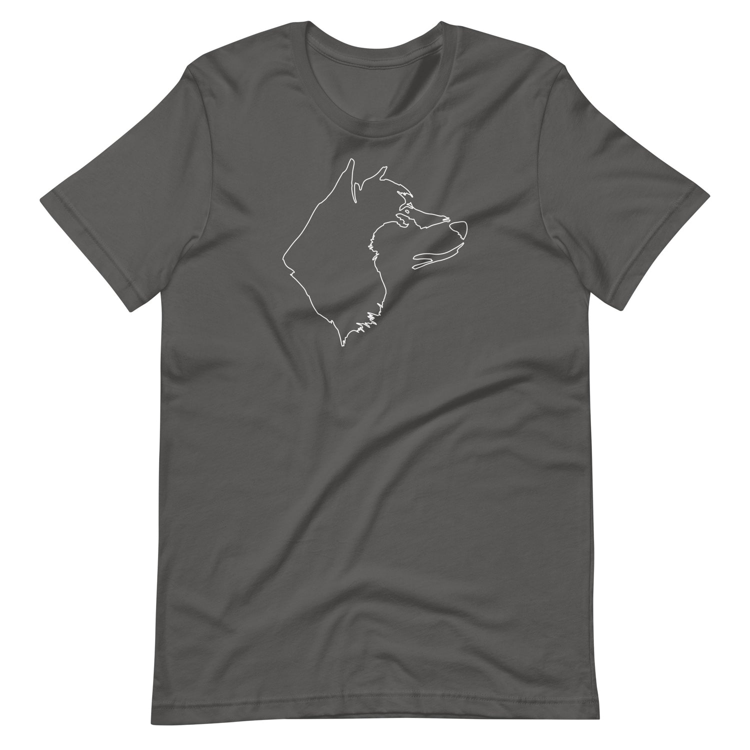 White minimalist one line art Akita dog profile silhouette printed on an asphalt gray unisex t-shirt front view