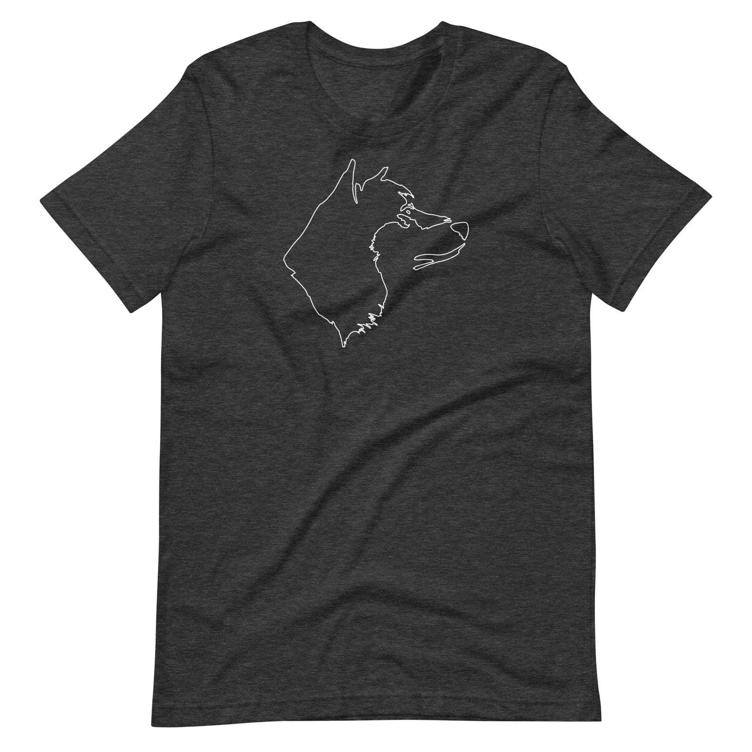 White minimalist one line art Akita dog profile silhouette printed on a dark gray unisex t-shirt front view