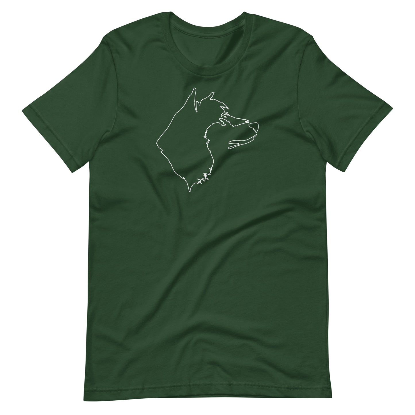 White minimalist one line art Akita dog profile silhouette printed on a green unisex t-shirt front view