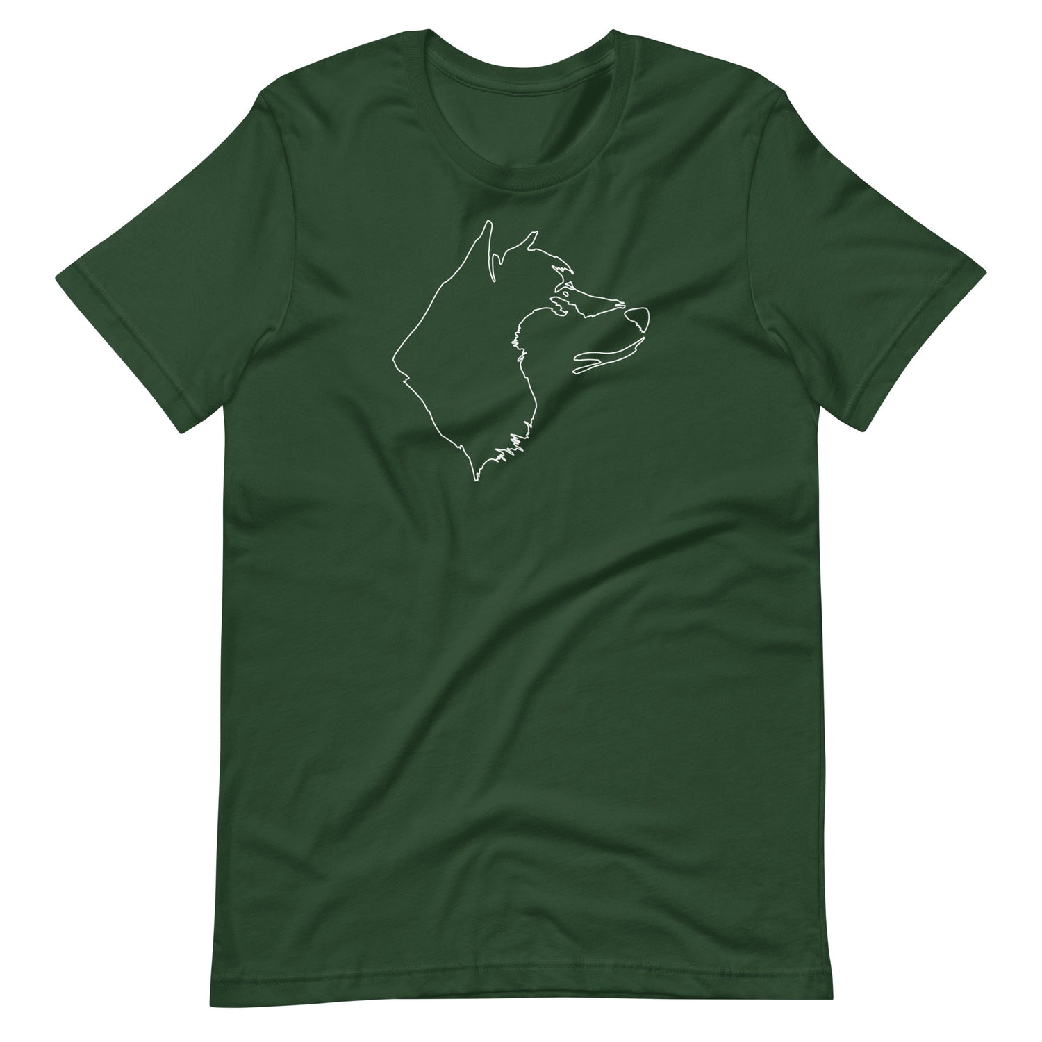 White minimalist one line art Akita dog profile silhouette printed on a green unisex t-shirt front view