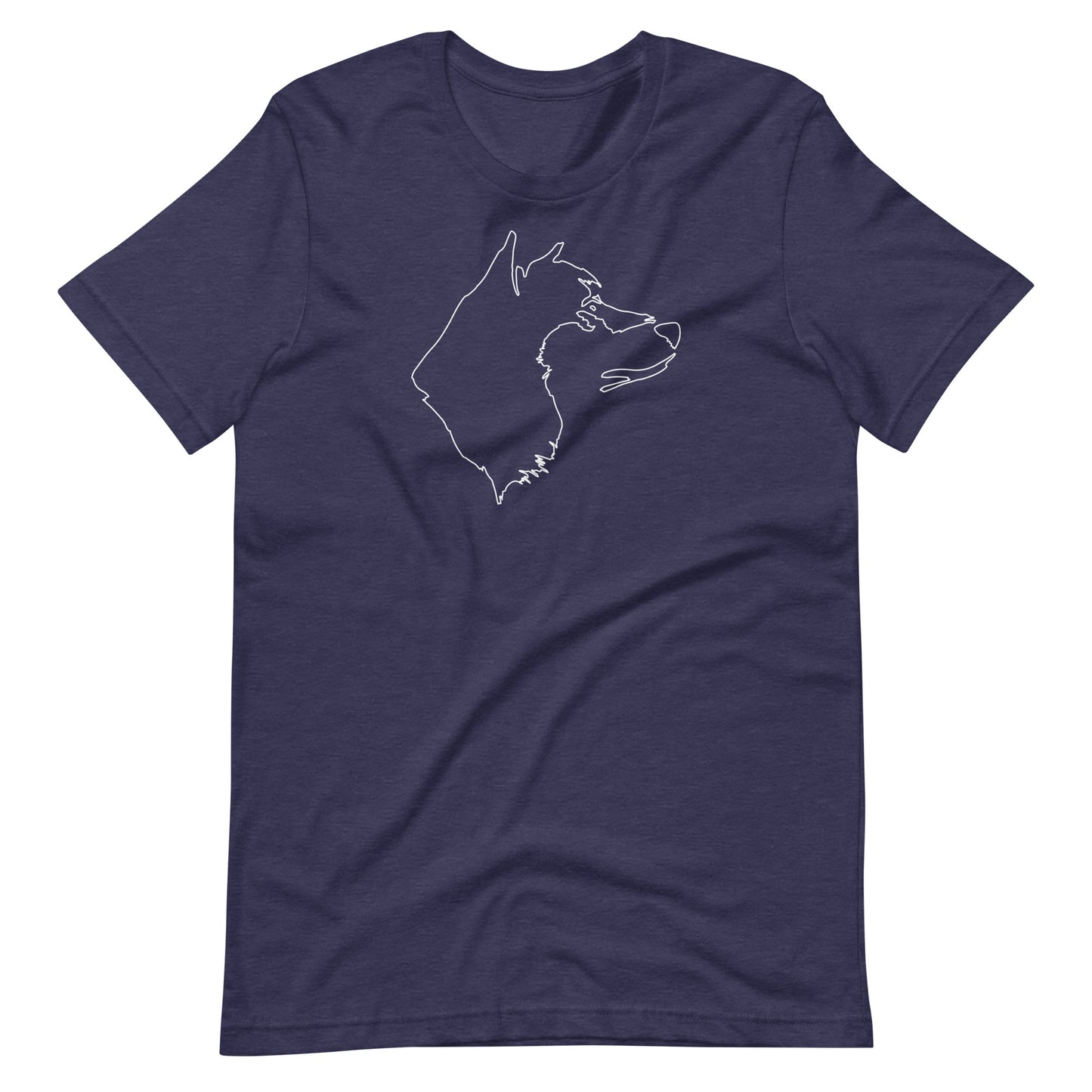 White minimalist one line art Akita dog profile silhouette printed on a midnight blue unisex t-shirt front view