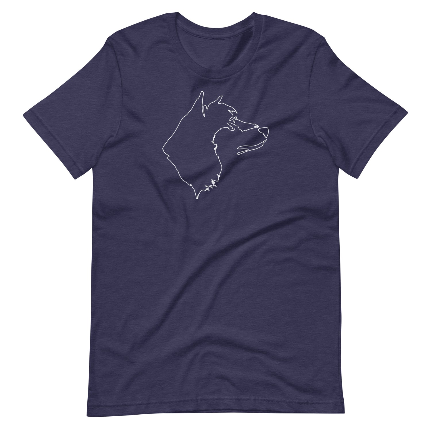 White minimalist one line art Akita dog profile silhouette printed on a midnight blue unisex t-shirt front view