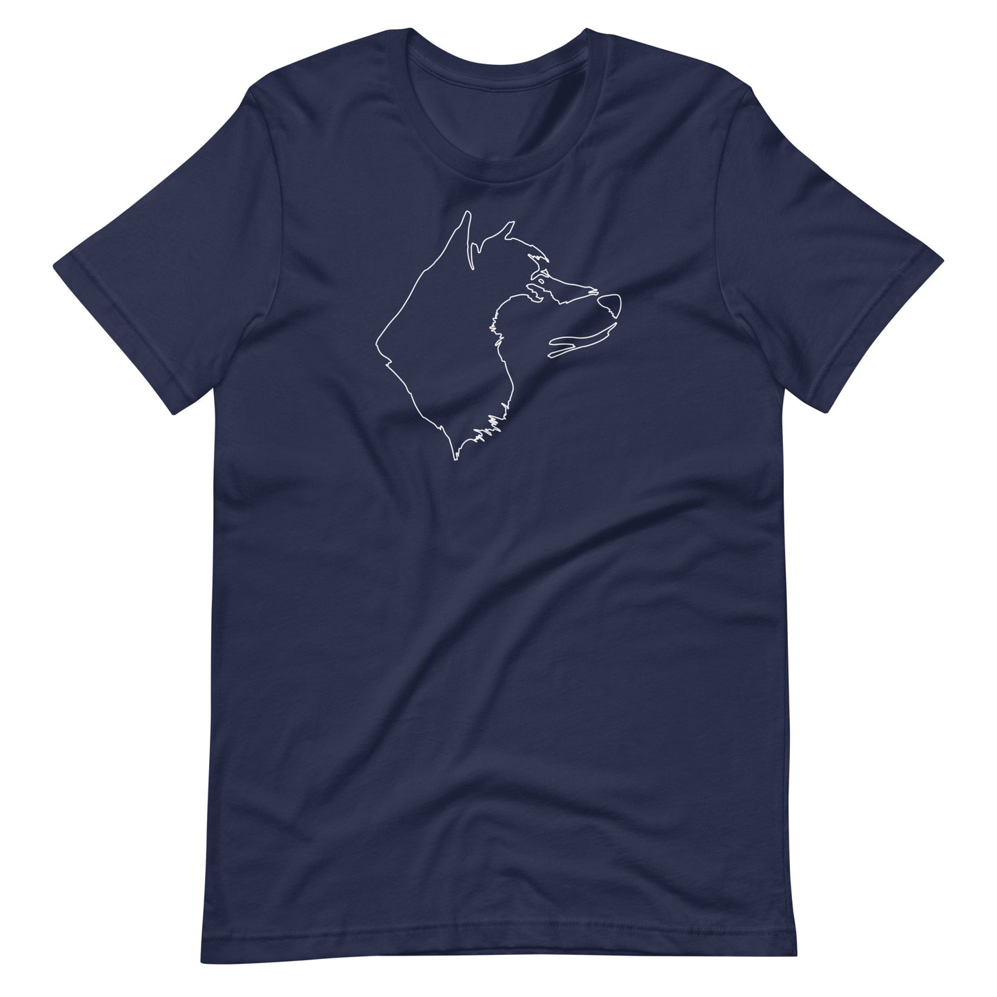 White minimalist one line art Akita dog profile silhouette printed on a navy blue unisex t-shirt front view