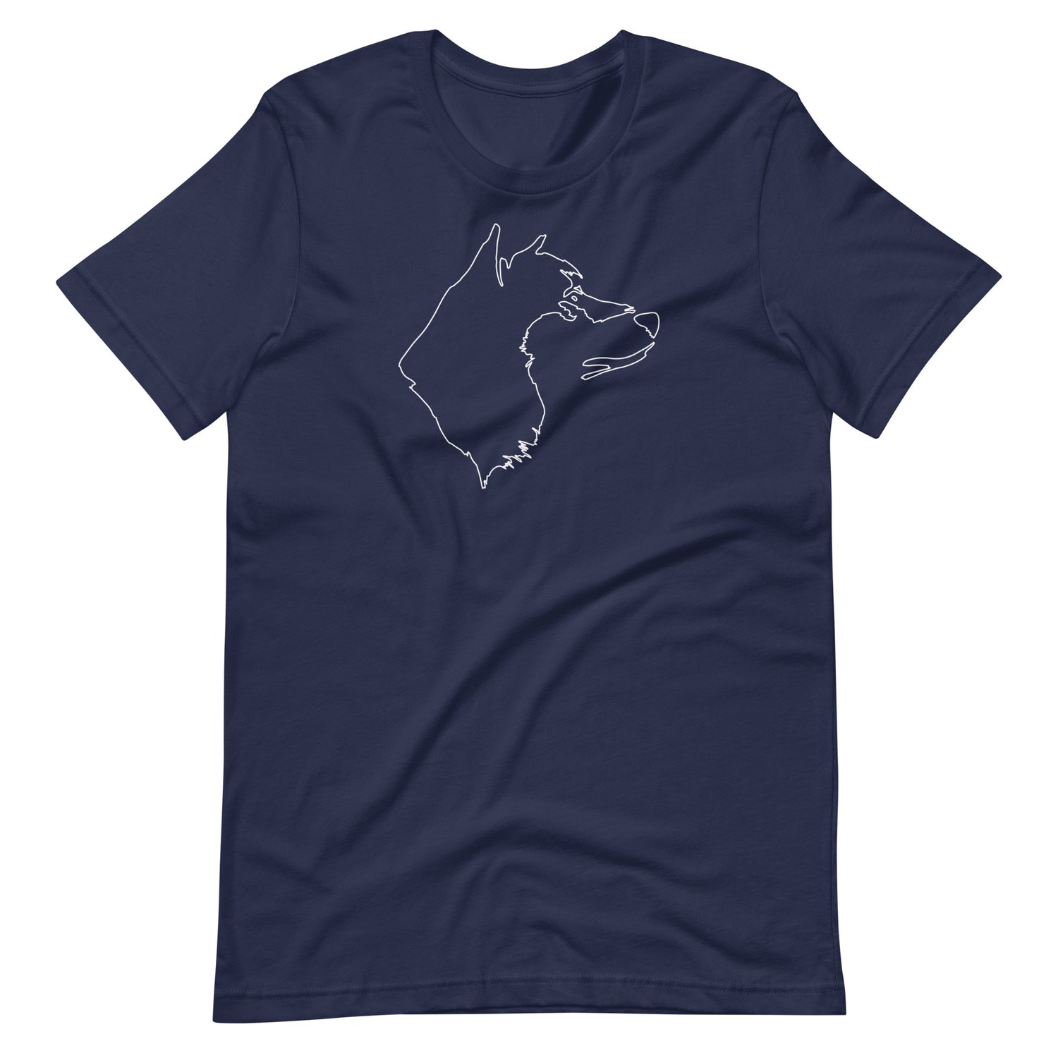 White minimalist one line art Akita dog profile silhouette printed on a navy blue unisex t-shirt front view