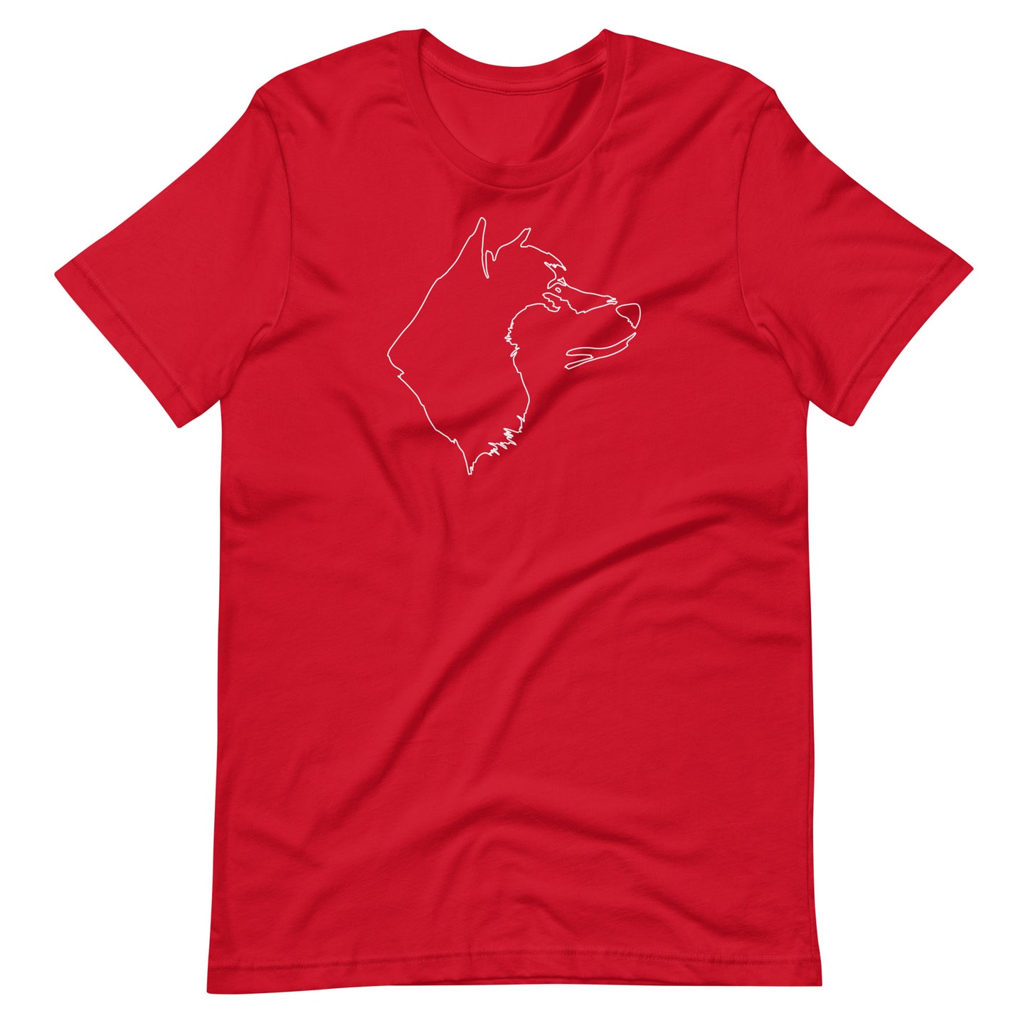 White minimalist one line art Akita dog profile silhouette printed on a red unisex t-shirt front view