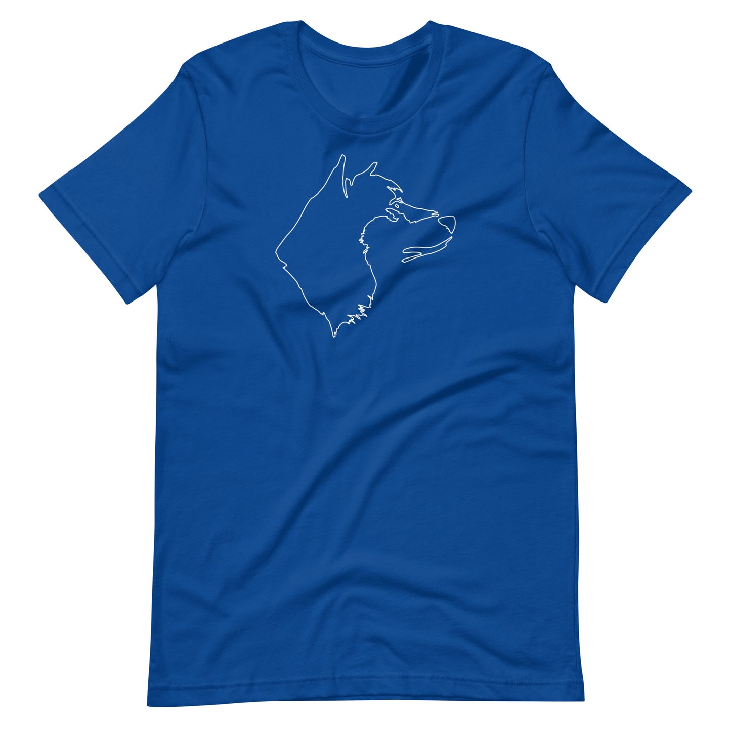 White minimalist one line art Akita dog profile silhouette printed on a royal blue unisex t-shirt front view