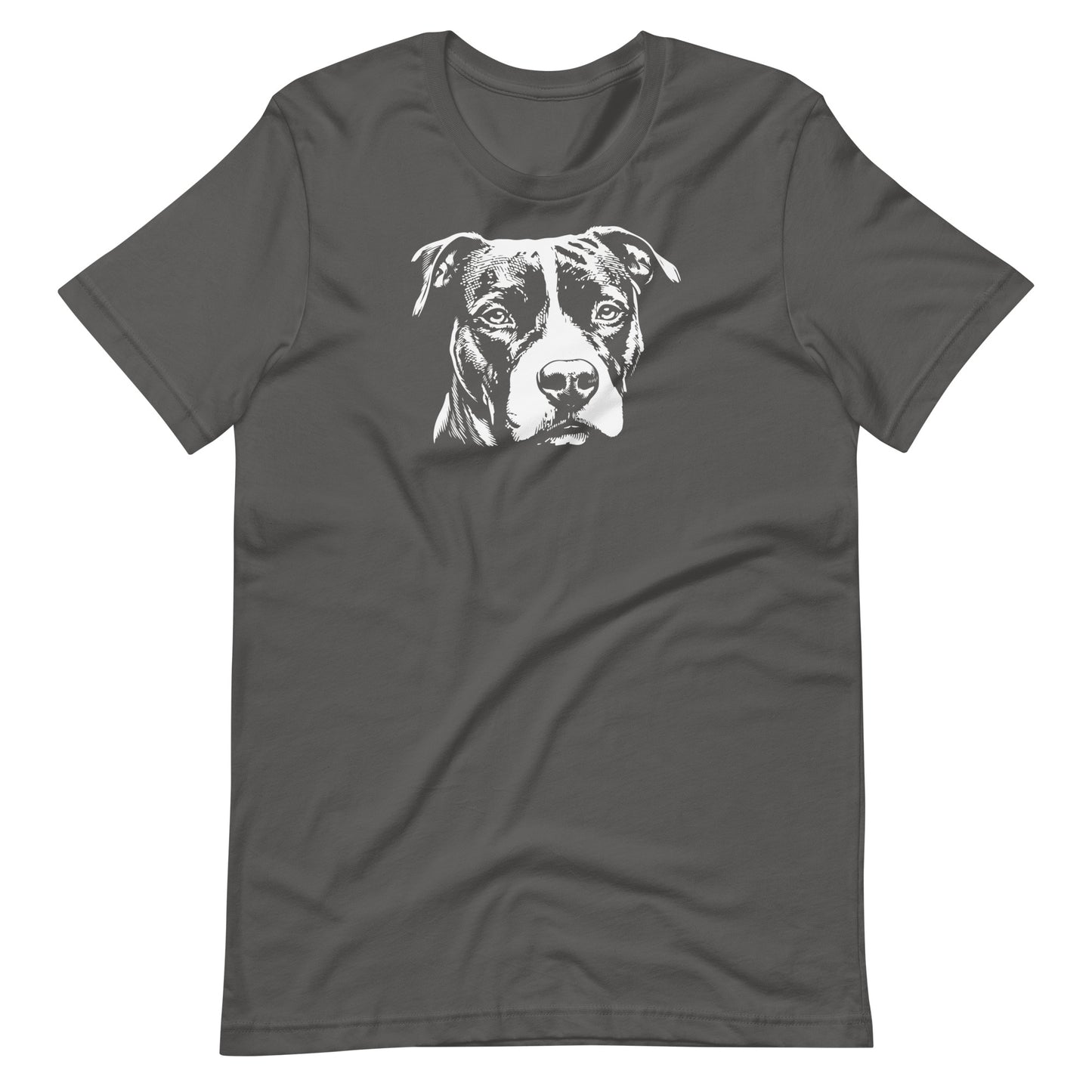White high contrast Amstaff dog head silhouette art printed on an asphalt gray unisex t-shirt front view