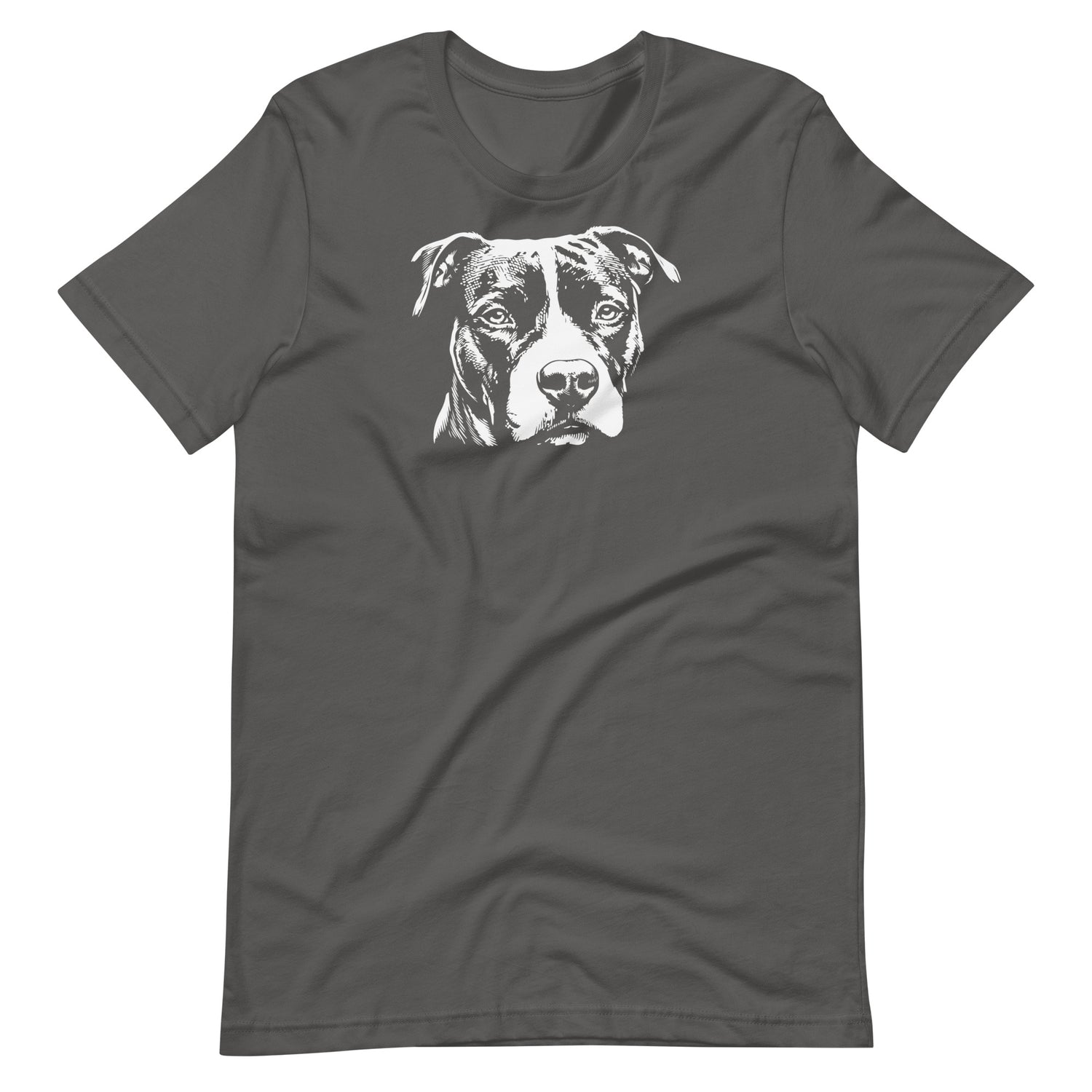 White high contrast Amstaff dog head silhouette art printed on an asphalt gray unisex t-shirt front view