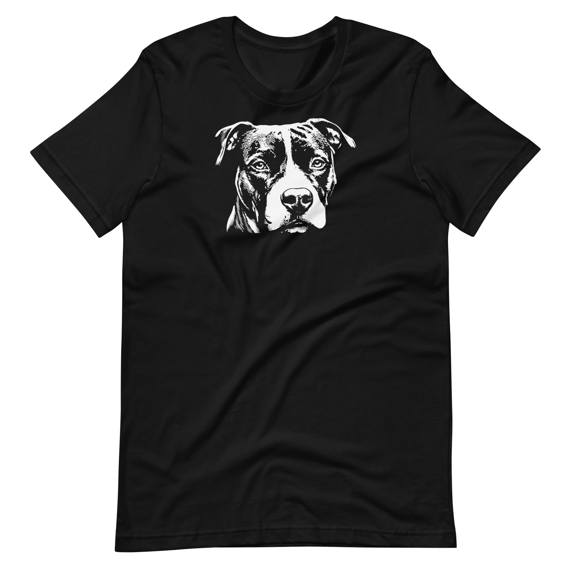 White high contrast Amstaff dog head silhouette art printed on a black unisex t-shirt front view