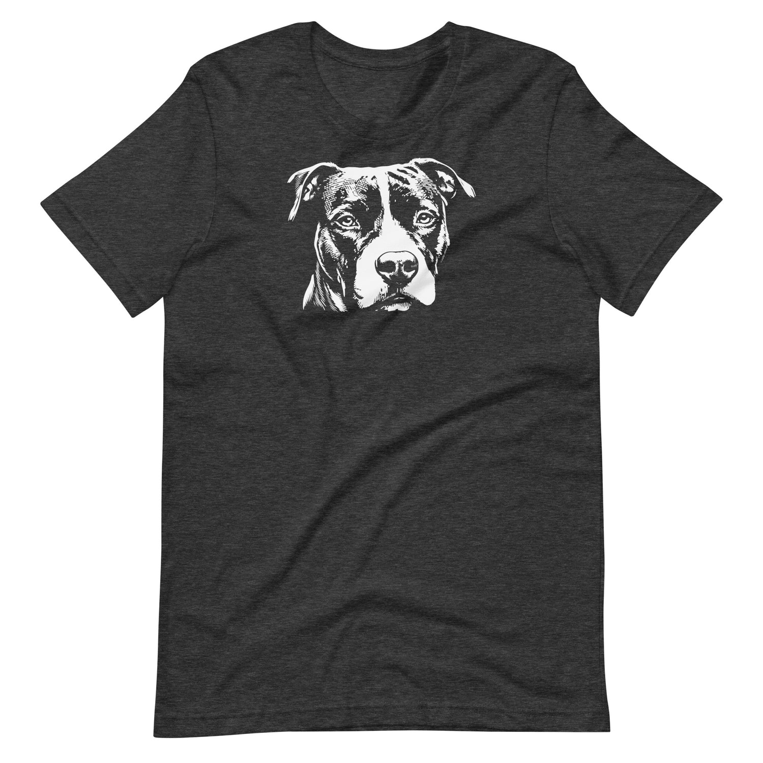 White high contrast Amstaff dog head silhouette art printed on a dark gray unisex t-shirt front view
