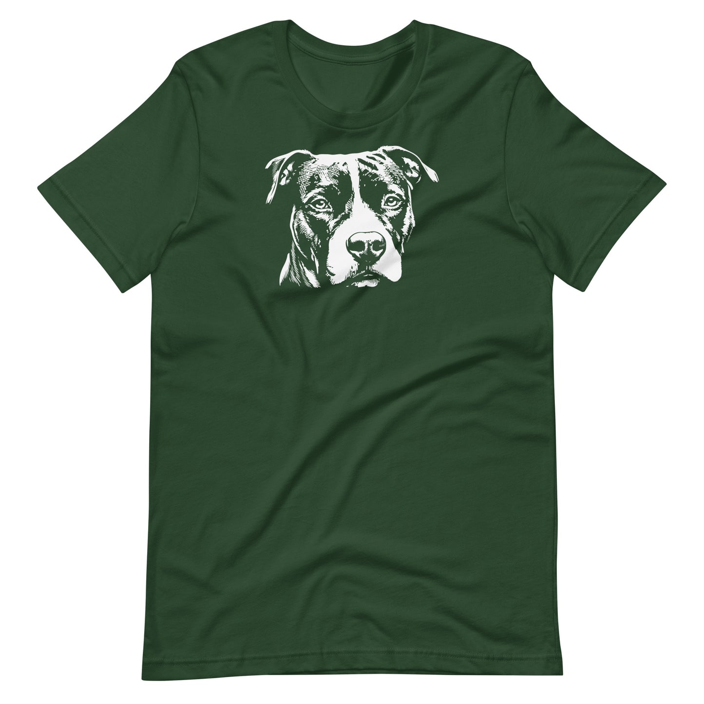 White high contrast Amstaff dog head silhouette art printed on a green unisex t-shirt front view
