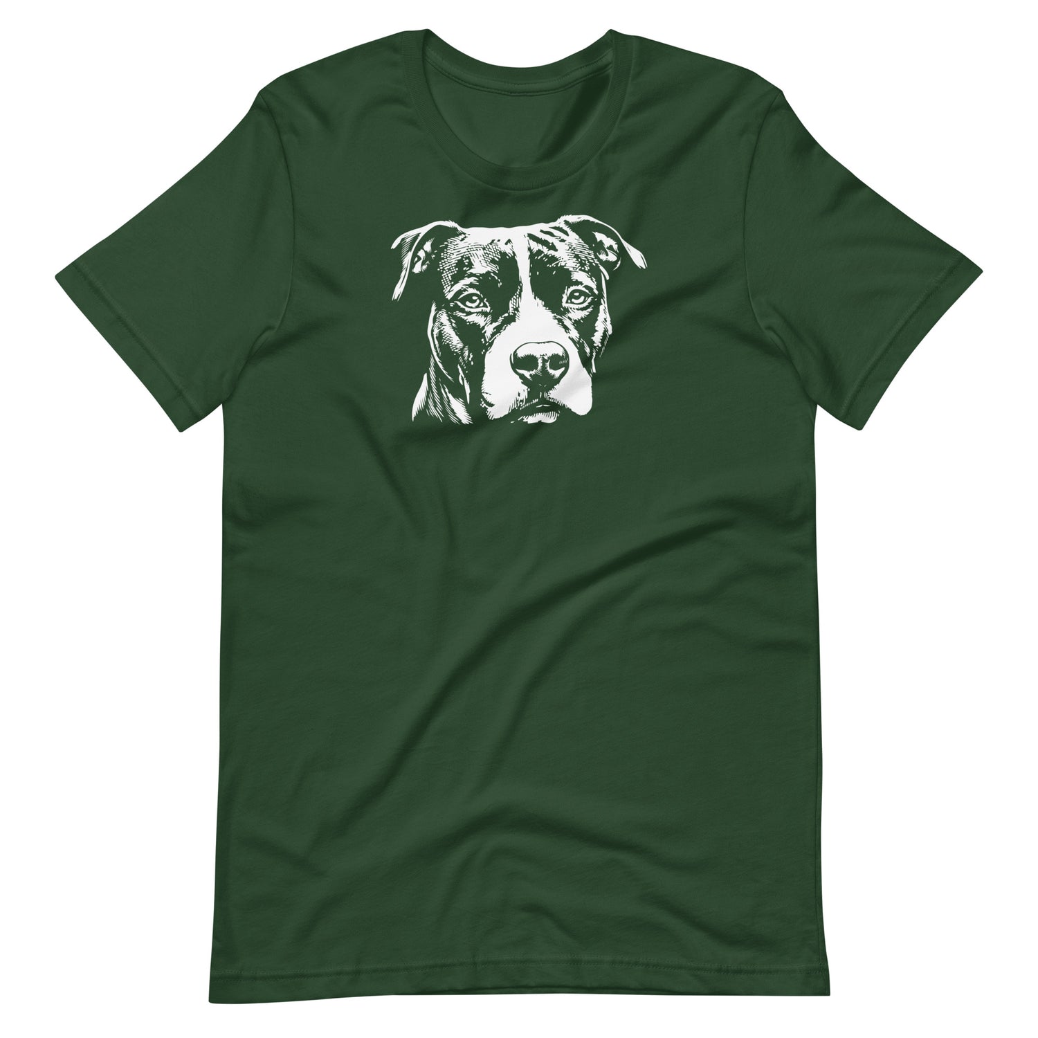 White high contrast Amstaff dog head silhouette art printed on a green unisex t-shirt front view