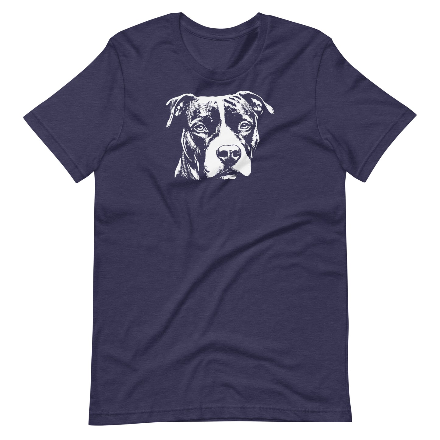 White high contrast Amstaff dog head silhouette art printed on a midnight blue unisex t-shirt front view