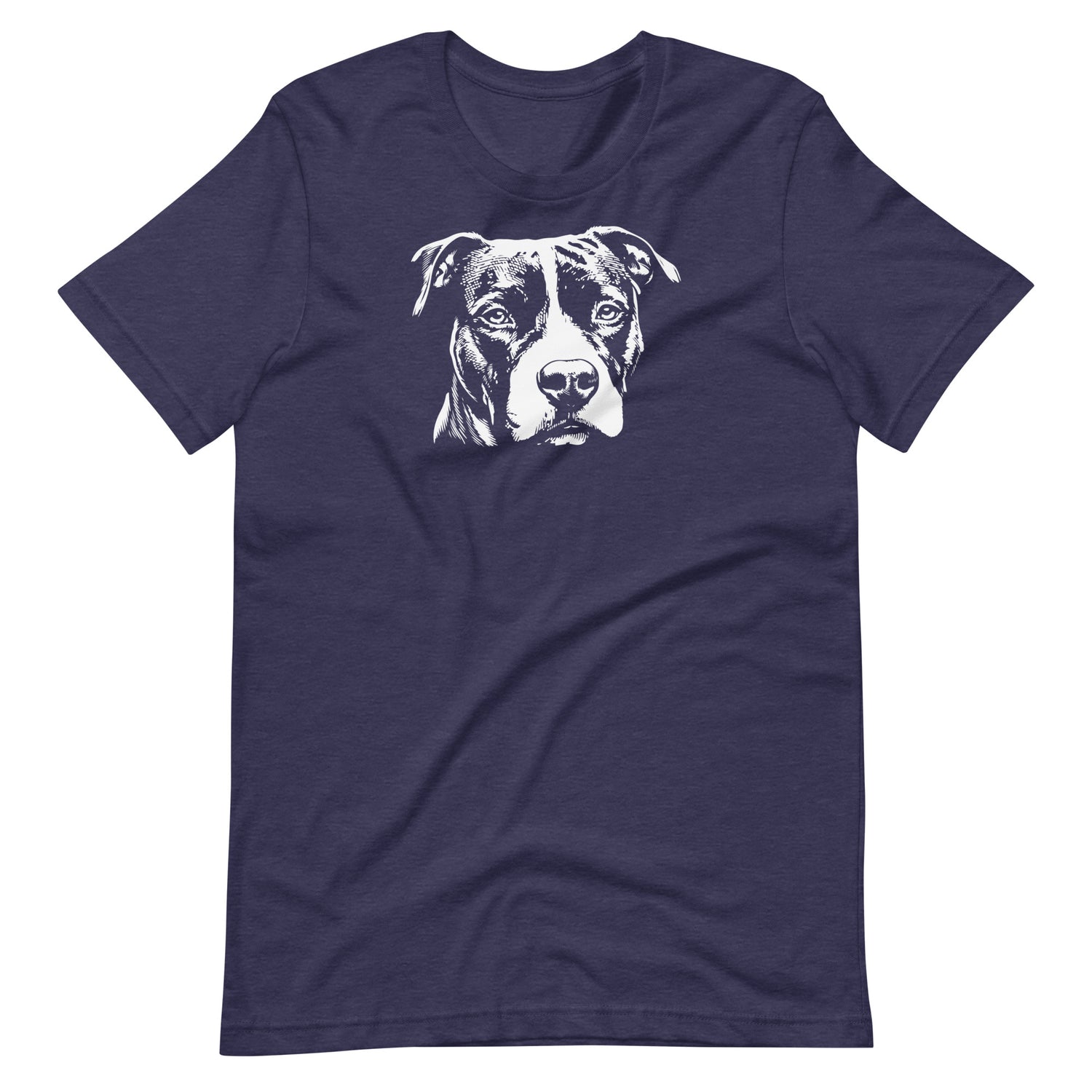 White high contrast Amstaff dog head silhouette art printed on a midnight blue unisex t-shirt front view