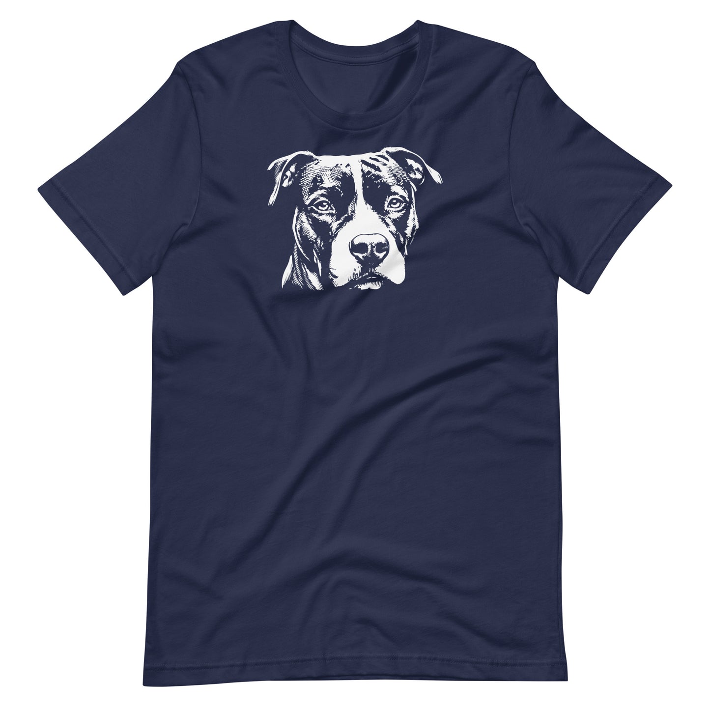 White high contrast Amstaff dog head silhouette art printed on a navy blue unisex t-shirt front view