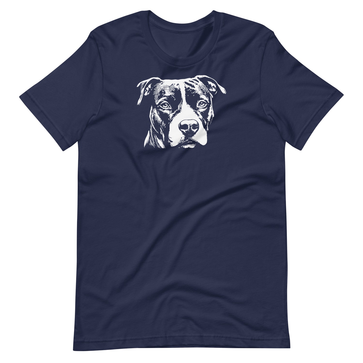White high contrast Amstaff dog head silhouette art printed on a navy blue unisex t-shirt front view