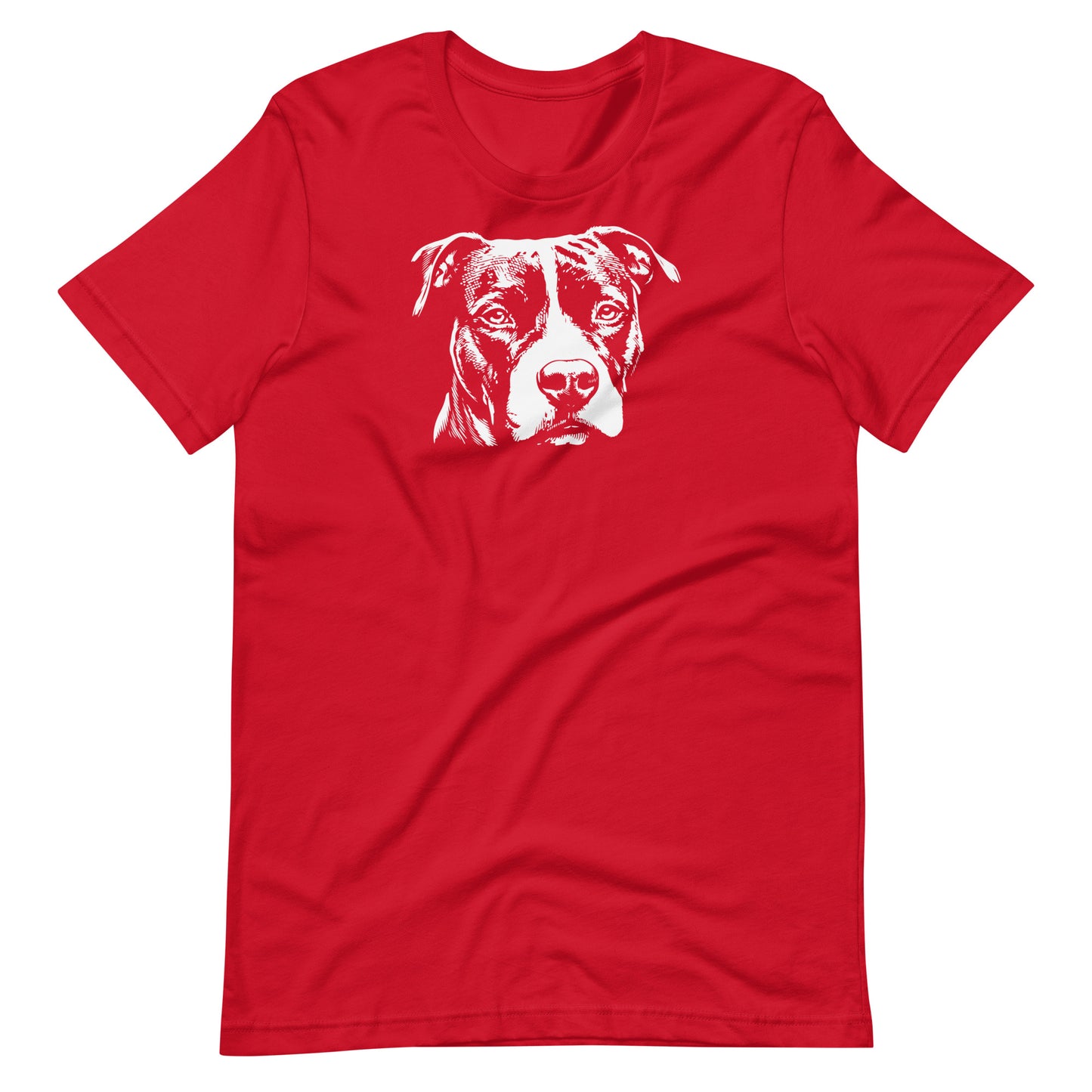 White high contrast Amstaff dog head silhouette art printed on a red unisex t-shirt front view