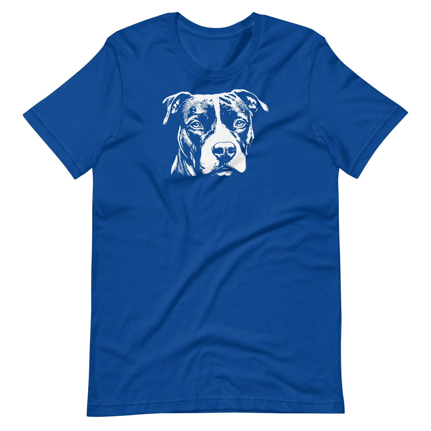 White high contrast Amstaff dog head silhouette art printed on a royal blue unisex t-shirt front view