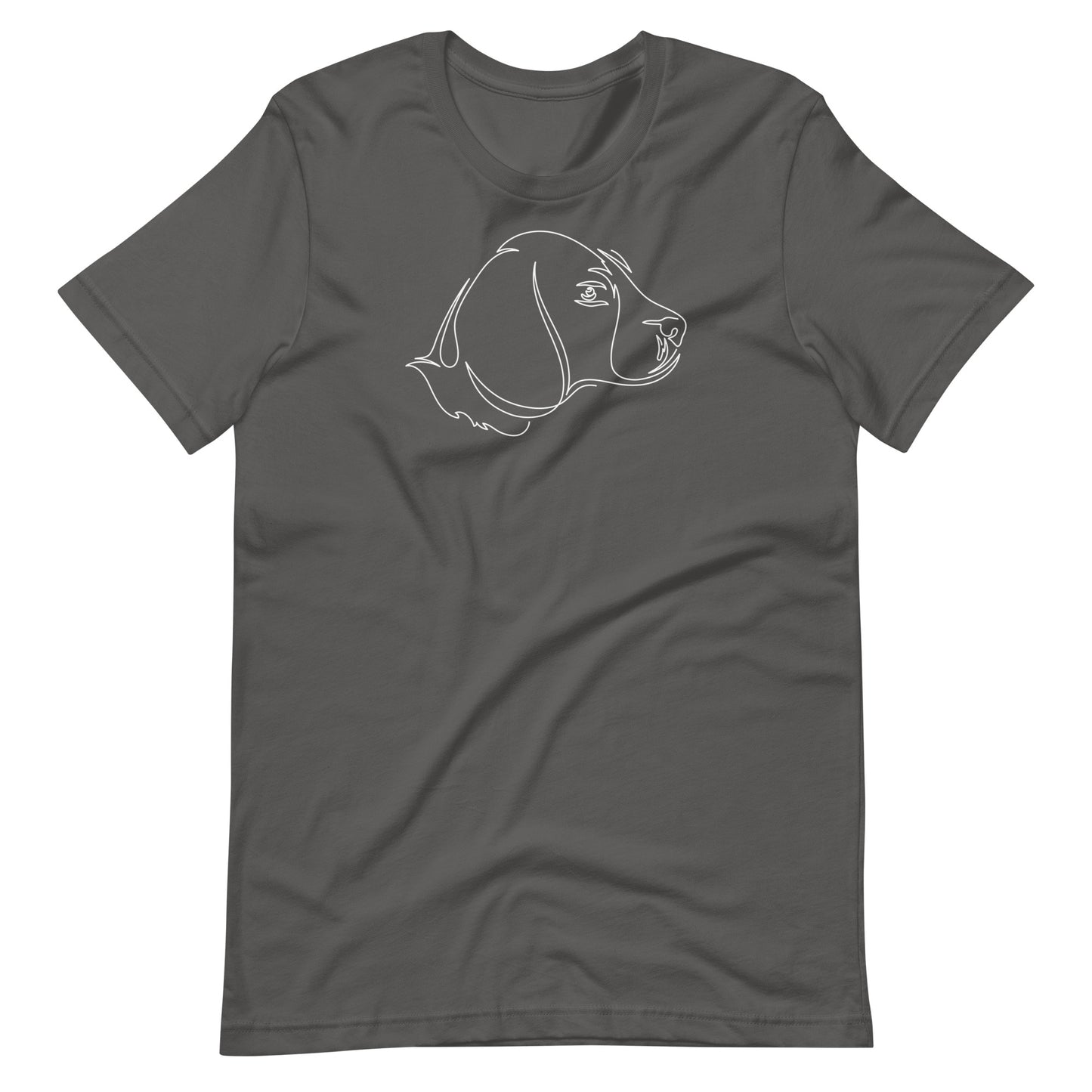 White minimalist one line art beagle dog profile silhouette printed on an asphalt gray unisex t-shirt front view