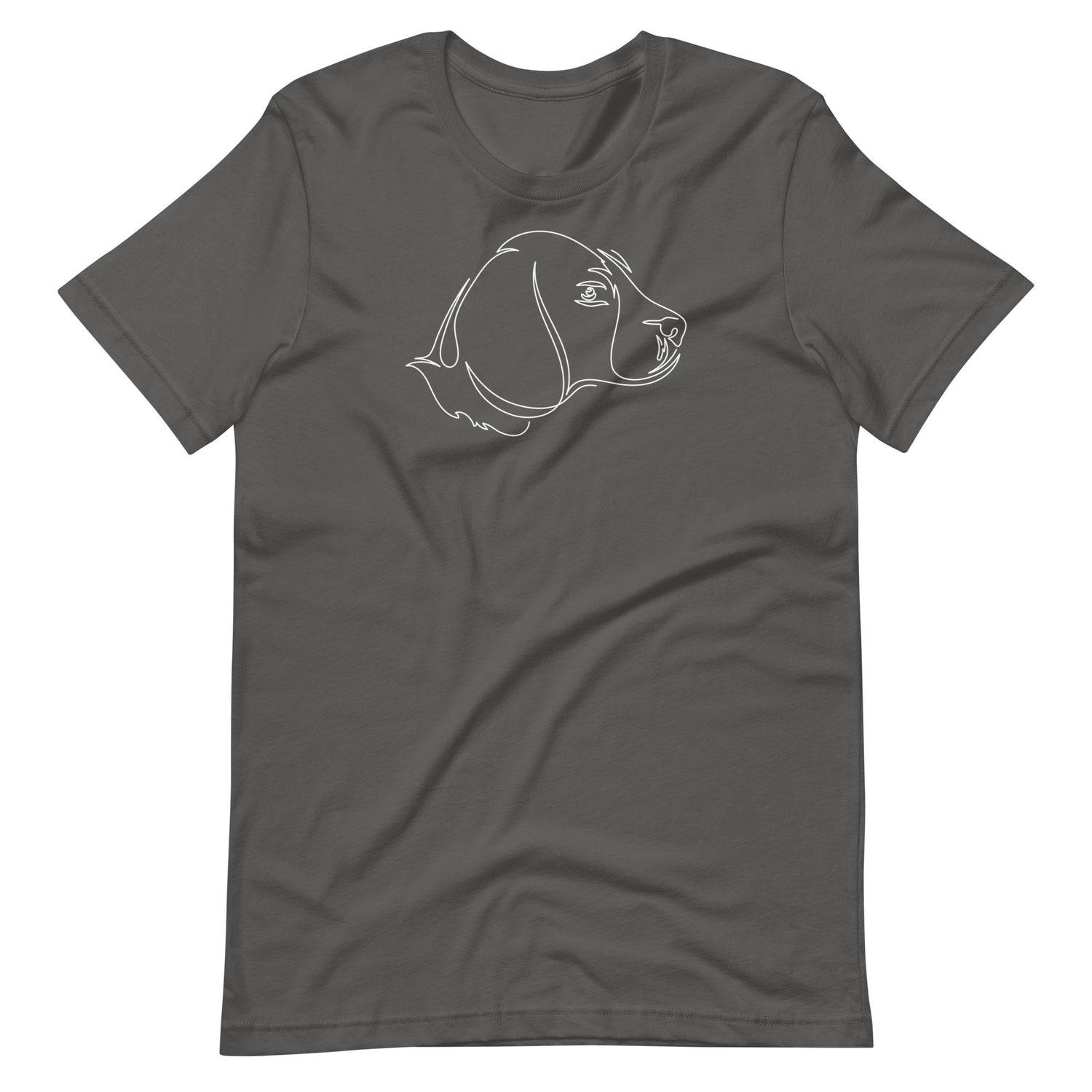 White minimalist one line art beagle dog profile silhouette printed on an asphalt gray unisex t-shirt front view