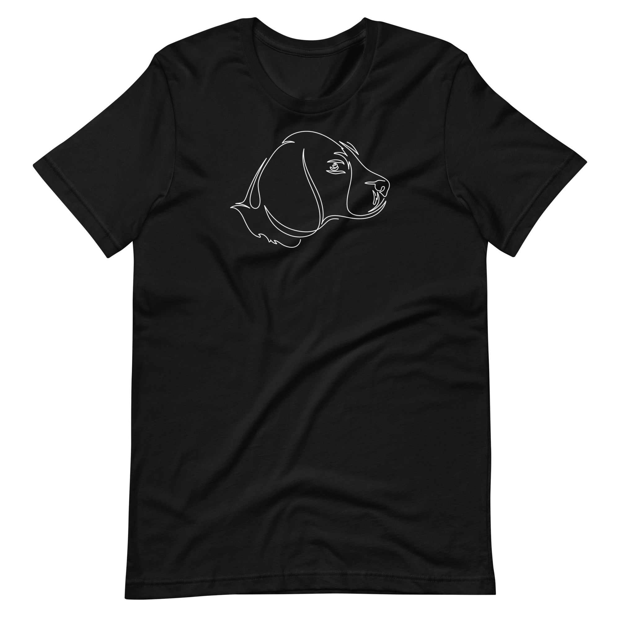 White minimalist one line art beagle dog profile silhouette printed on a black unisex t-shirt front view