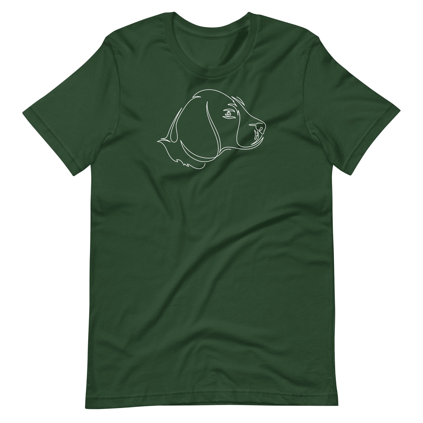 White minimalist one line art beagle dog profile silhouette printed on a green unisex t-shirt front view