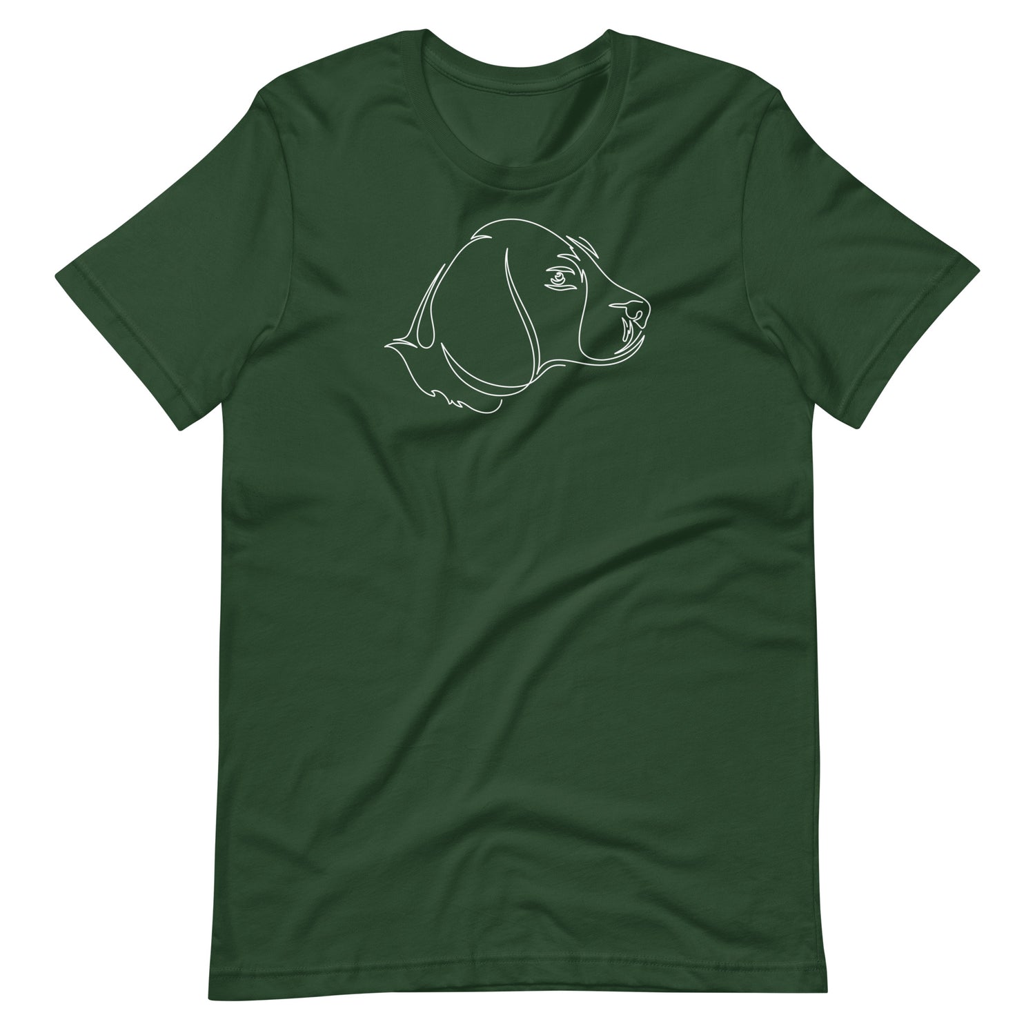 White minimalist one line art beagle dog profile silhouette printed on a green unisex t-shirt front view