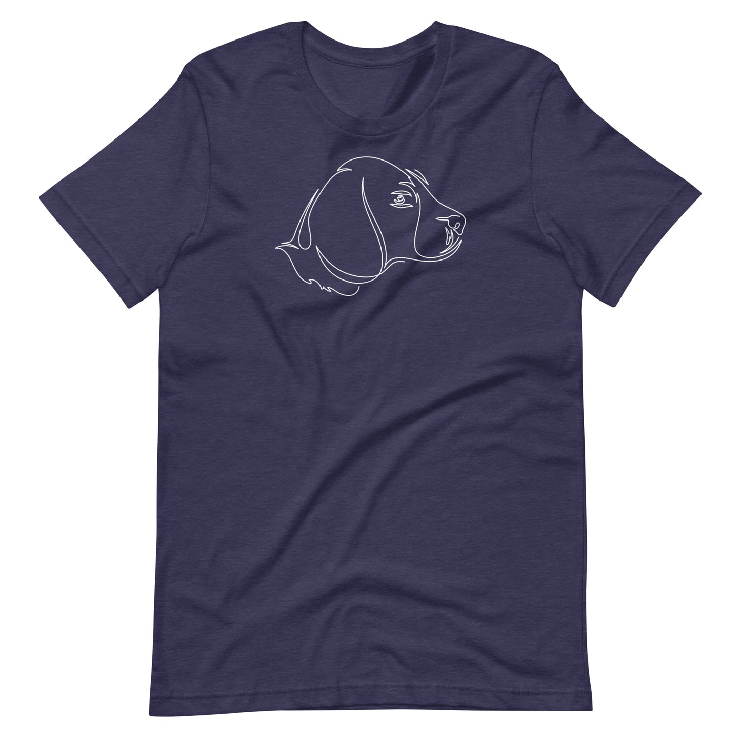 White minimalist one line art beagle dog profile silhouette printed on a midnight blue unisex t-shirt front view