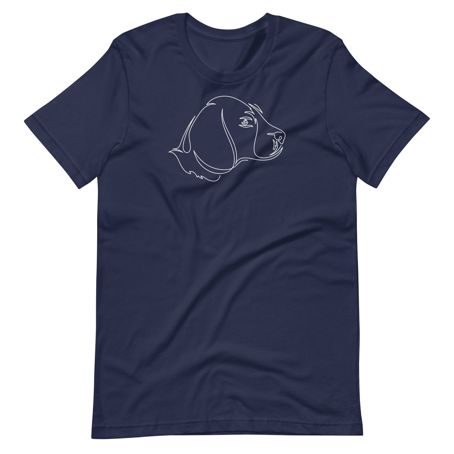 White minimalist one line art beagle dog profile silhouette printed on a navy blue unisex t-shirt front view