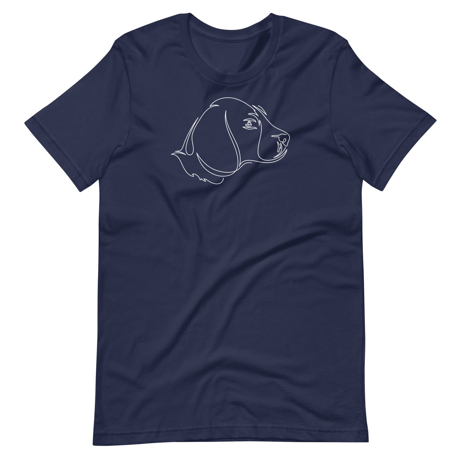 White minimalist one line art beagle dog profile silhouette printed on a navy blue unisex t-shirt front view