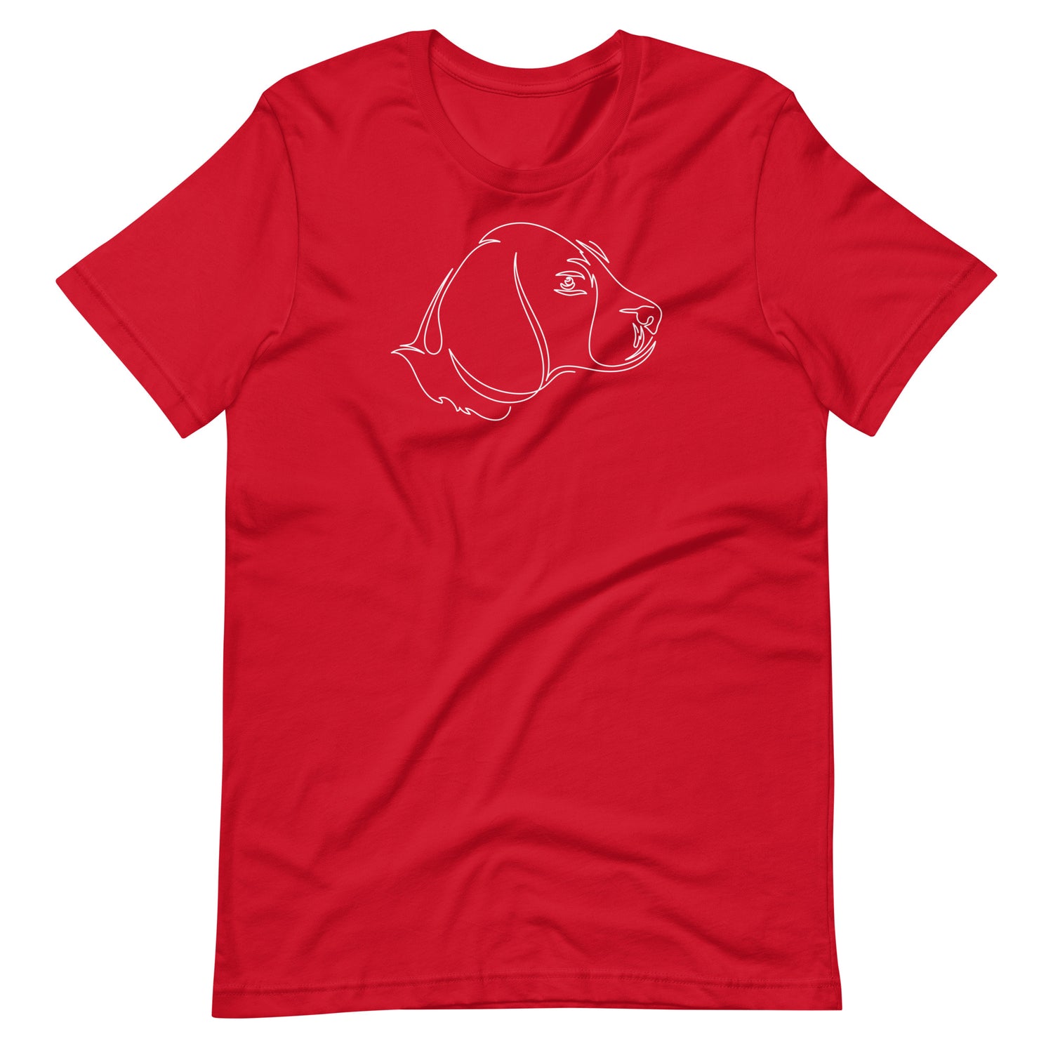 White minimalist one line art beagle dog profile silhouette printed on a red unisex t-shirt front view
